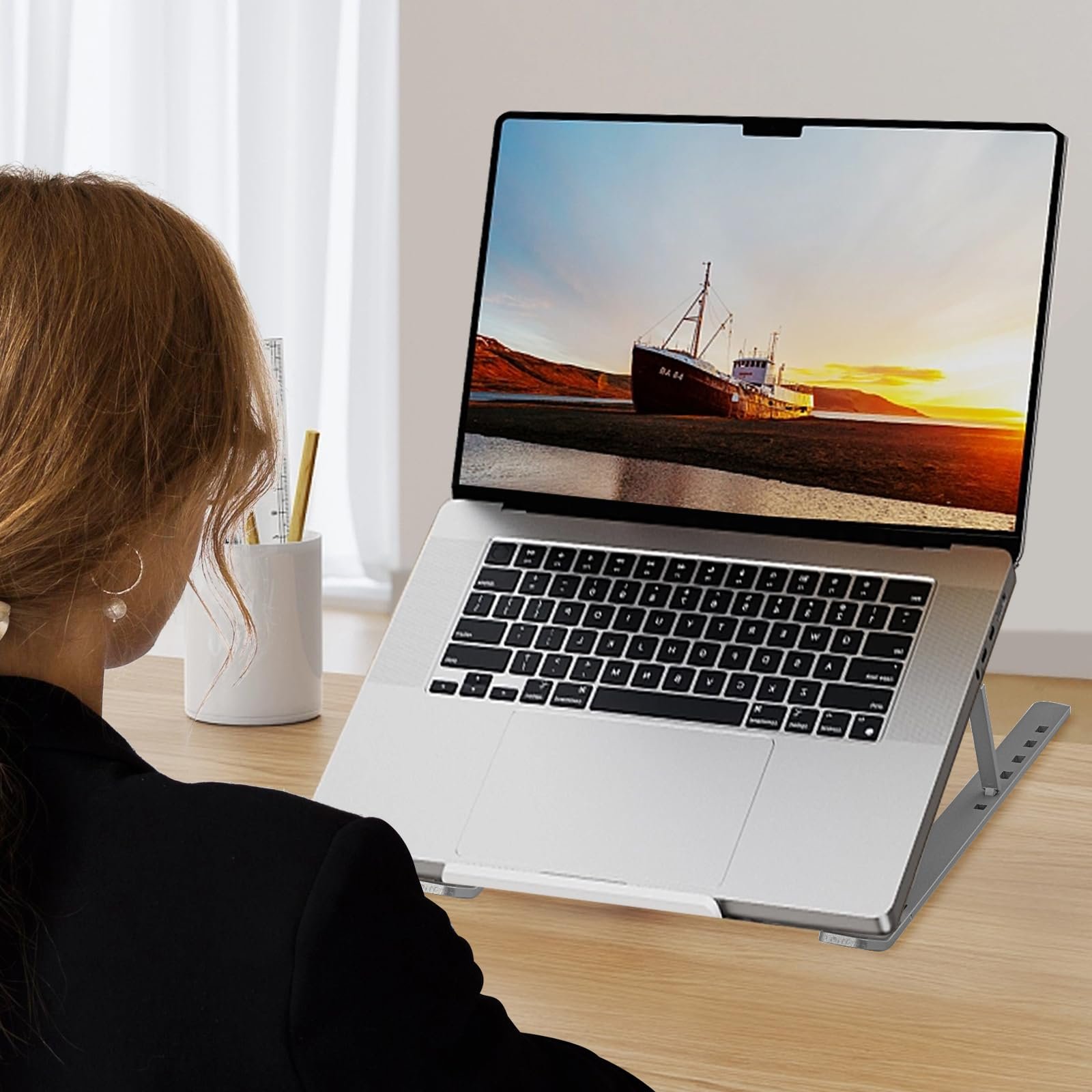 Підставка для ноутбука алюмінієва складана портативна 10-17 дюймів регульована чорна, фото №6