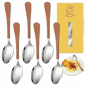 Ложка столова Daily Treasures, набір 6 штук, 17 см, харчова нержавіюча сталь, дерев'яна ручка - Фото 1