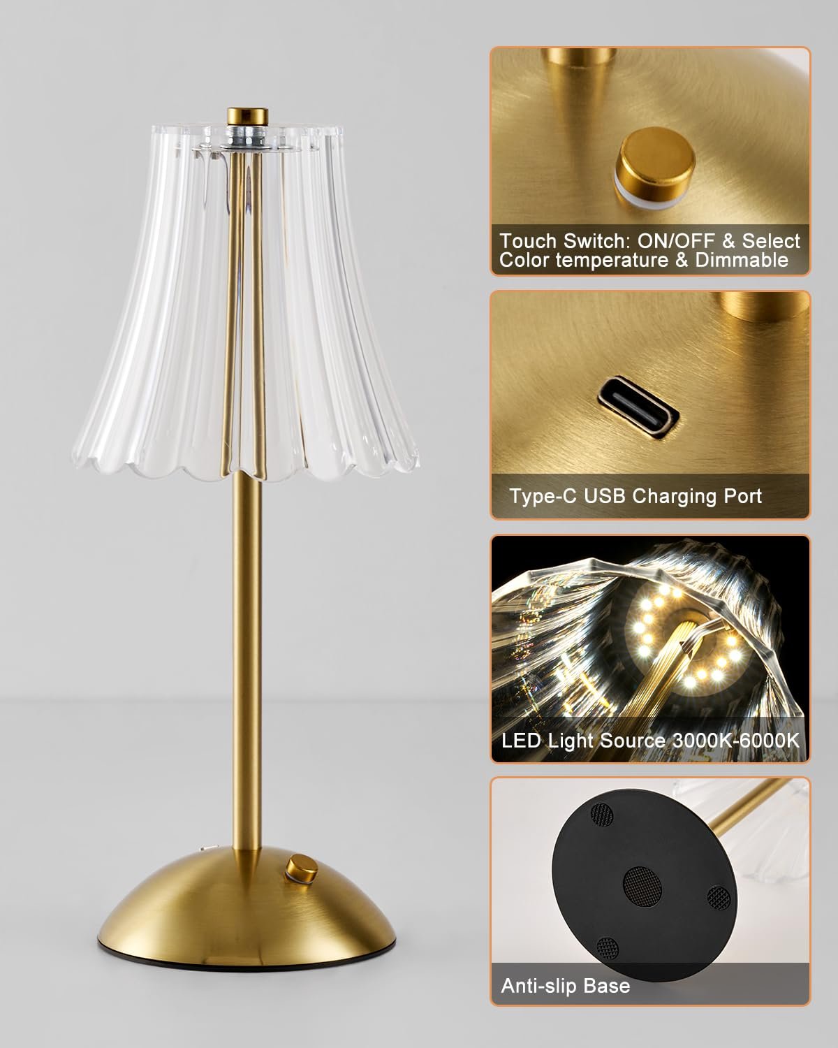 Настільна лампа HARPER LIVING LED Акумуляторна 3 кольори Димуєма Сенсорна Поліроване золото, фото №4