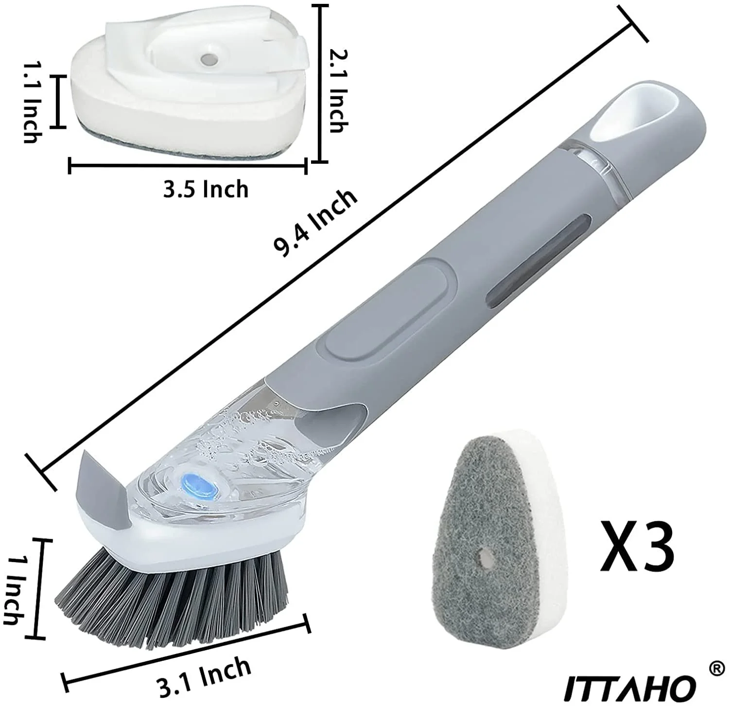 Щітка для миття посуду ITTAHO з дозатором мила та 3 змінними губками, фото №4 Щітка для миття посуду ITTAHO з дозатором мила та 3 змінними губками, фото №4
