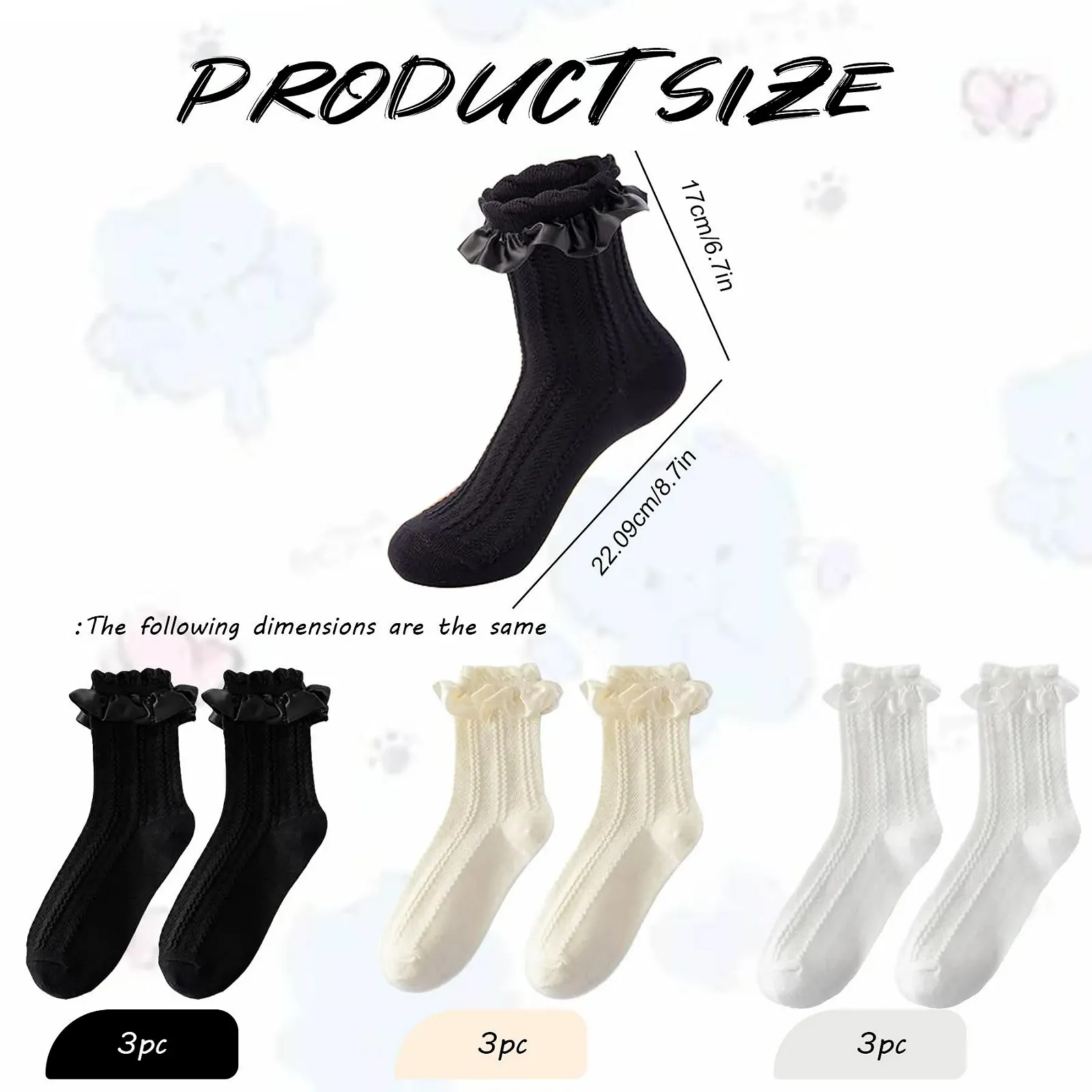 Носки с рюшами Женские носки с рюшами One Size Кружевные носки до щиколотки Носки с рюшами Носки для платья принцессы Вязаные носки для женщин Девочек (9 пар), фото №2