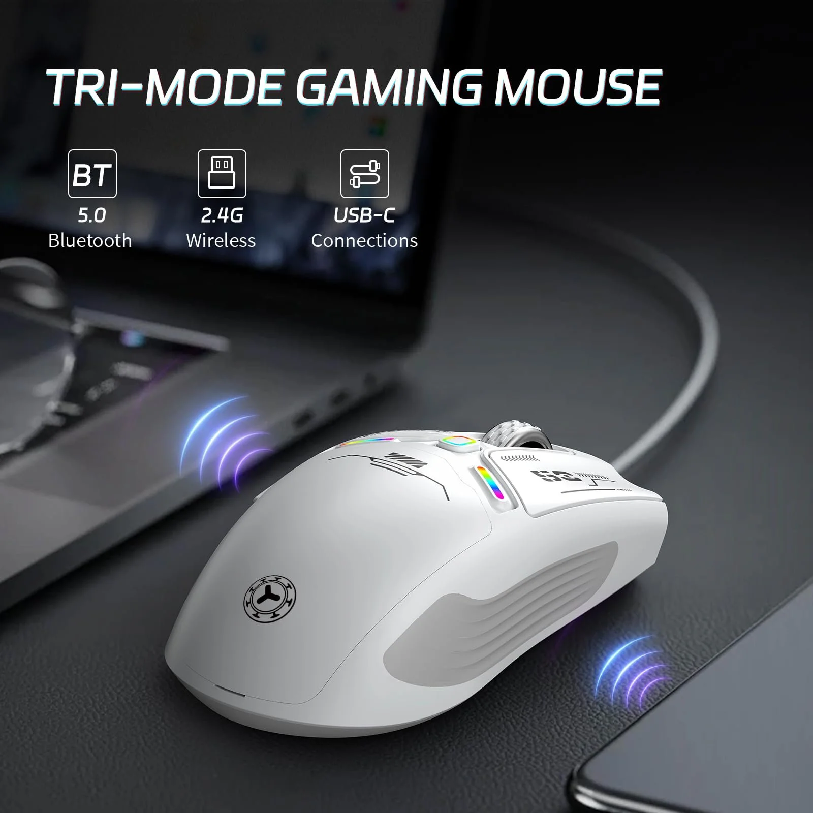 Миша Бездротова Ігрова Uiosmuph V08 2.4G/Bluetooth/USB C з кабелем, Перезаряджувана, 6 Програмованих Кнопок, 12000 DPI, Магнітна Кришка Honeycomb, фото №3