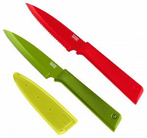Набор ножей KUHN RIKON Colori+ (прямое и серрейторное лезвие) с защитой лезвия, антипригарное покрытие, нержавеющая сталь, 19.5 см, красный/зеленый - Фото 1