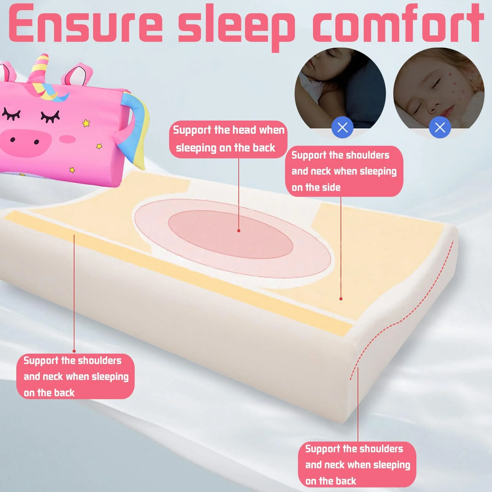 Подушка LUKIUP Schlummerkids Snooze Kids Дышащая Комфорт Пена с эффектом памяти 45 x 27 см (Unicorn), фото №5