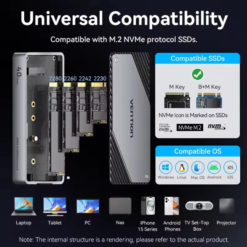 Внешний карман Vention KPZ 40Gbps M.2 NVMe SSD to USB4, Thunderbolt 4 Grey, фото №7 Внешний карман Vention KPZ 40Gbps M.2 NVMe SSD to USB4, Thunderbolt 4 Grey, фото №7