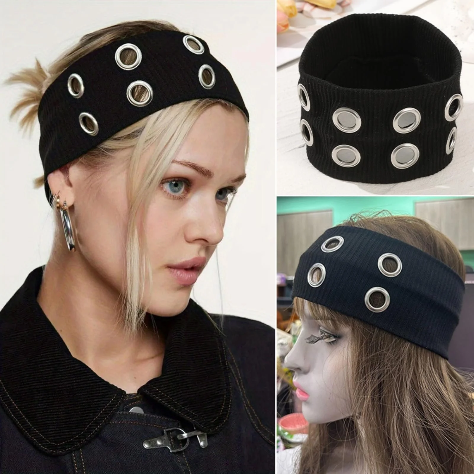 Пов'язка на голову Y2K Punk з порожнистими люверсами Чорний, фото №6