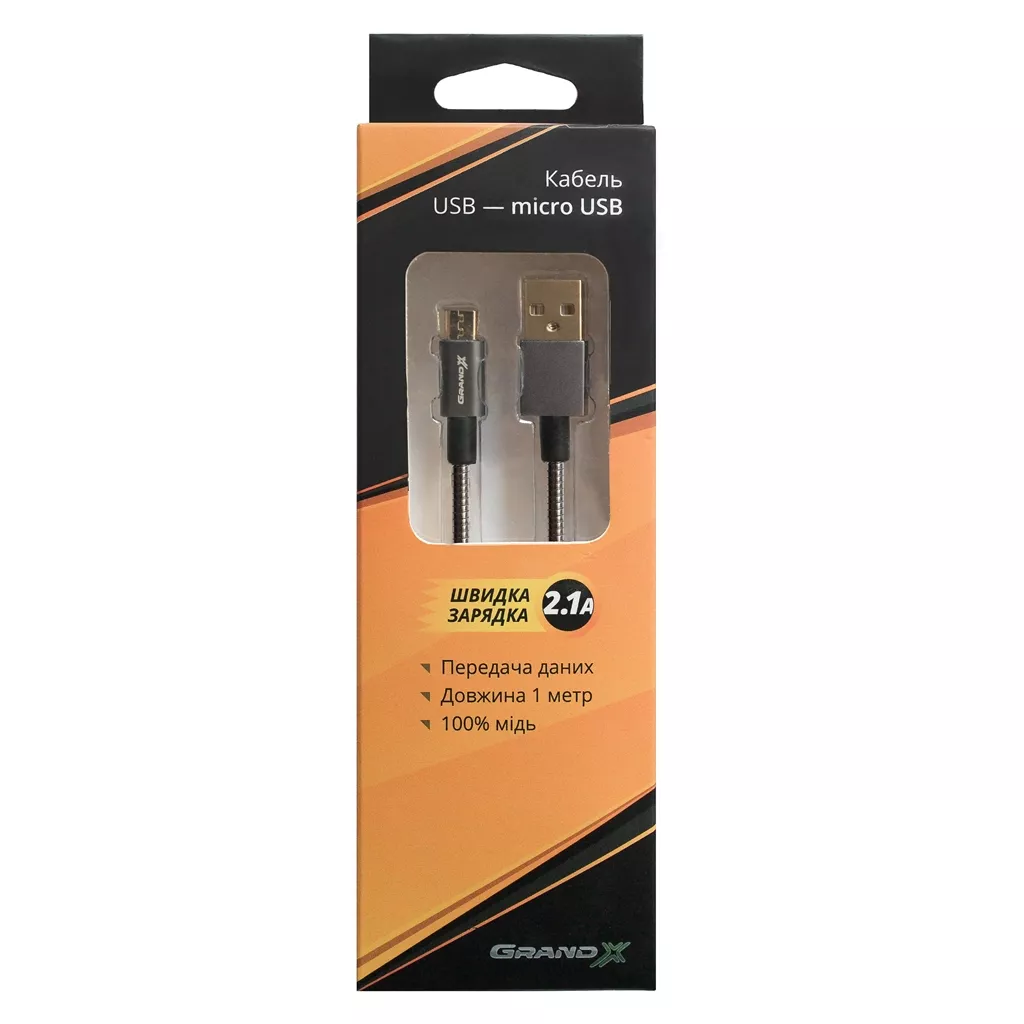 Кабель Grand-X USB-microUSB Cu 2,1A, Black 1m доп защита-метал оплетка (MM-01), фото №3