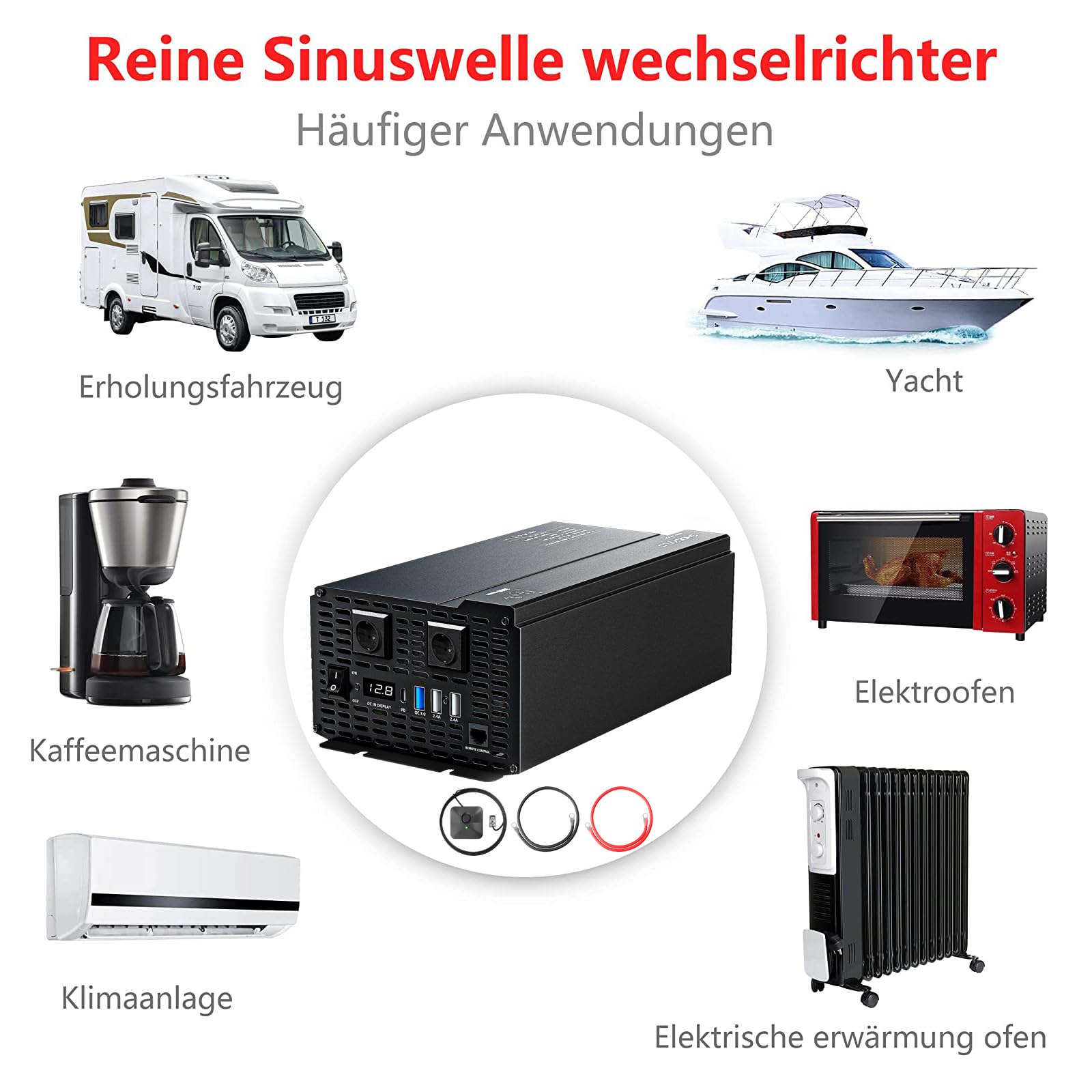 Інвертор ShockFlo DC 24V до AC 230V Перетворювач напруги Чиста синусоїда USB Порти та EU Розетки, фото №4