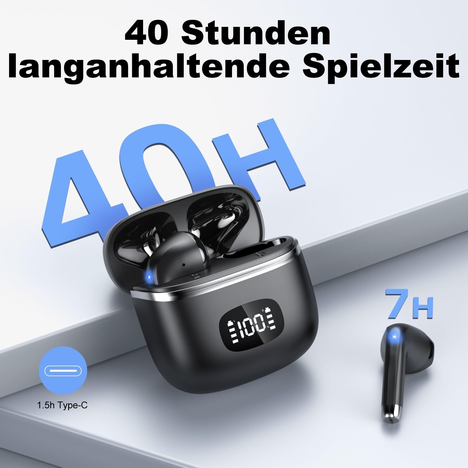 Bluetooth Наушники, Беспроводные Bluetooth 5.3 Наушники с 4 ENC Микрофонами Шумоподавления, Беспроводное HiFi Стерео, LED Дисплей, 40 Часов Воспроизведения, USB-C, Вставные Наушники для Работы, Игр, Спорта, фото №4