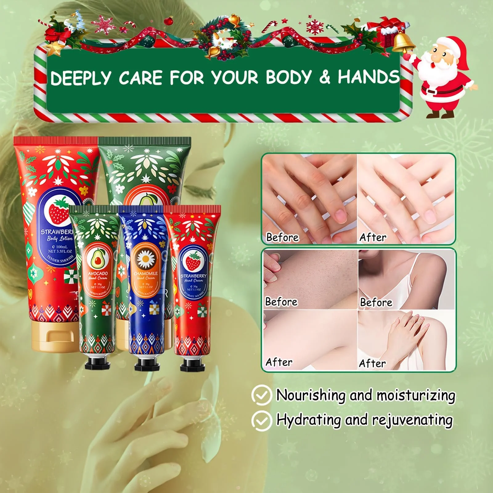 Набір подарунковий: крем для рук та лосьйон для тіла на Різдво, 2 x 100 мл крем для тіла та 3 x 30 мл крем для рук, фото №4 Набір подарунковий: крем для рук та лосьйон для тіла на Різдво, 2 x 100 мл крем для тіла та 3 x 30 мл крем для рук, фото №4