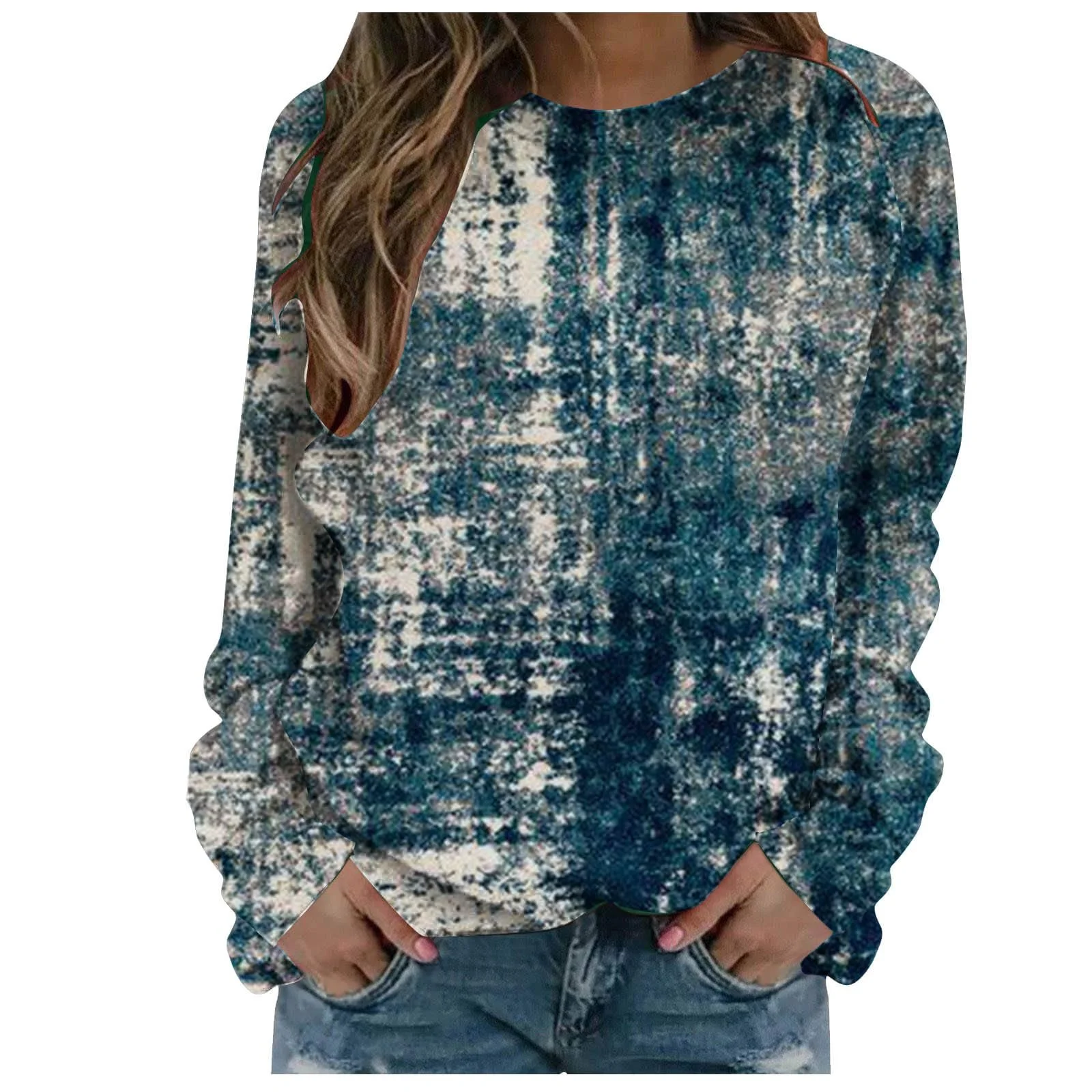 Винтажный свитшот TRIGLICOLEUM Женская блуза-туника в этническом стиле с классическим геометрическим принтом, удобные топы с длинными рукавами, осенне-зимняя спортивная рубашка с круглым вырезом, фото №1