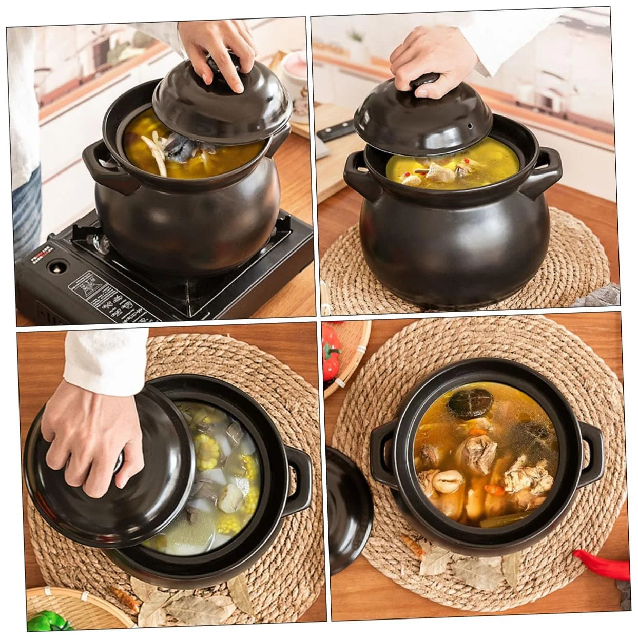 Кастрюля-жаровня керамическая с крышкой жаропрочная черная для газовых плит, фото №5