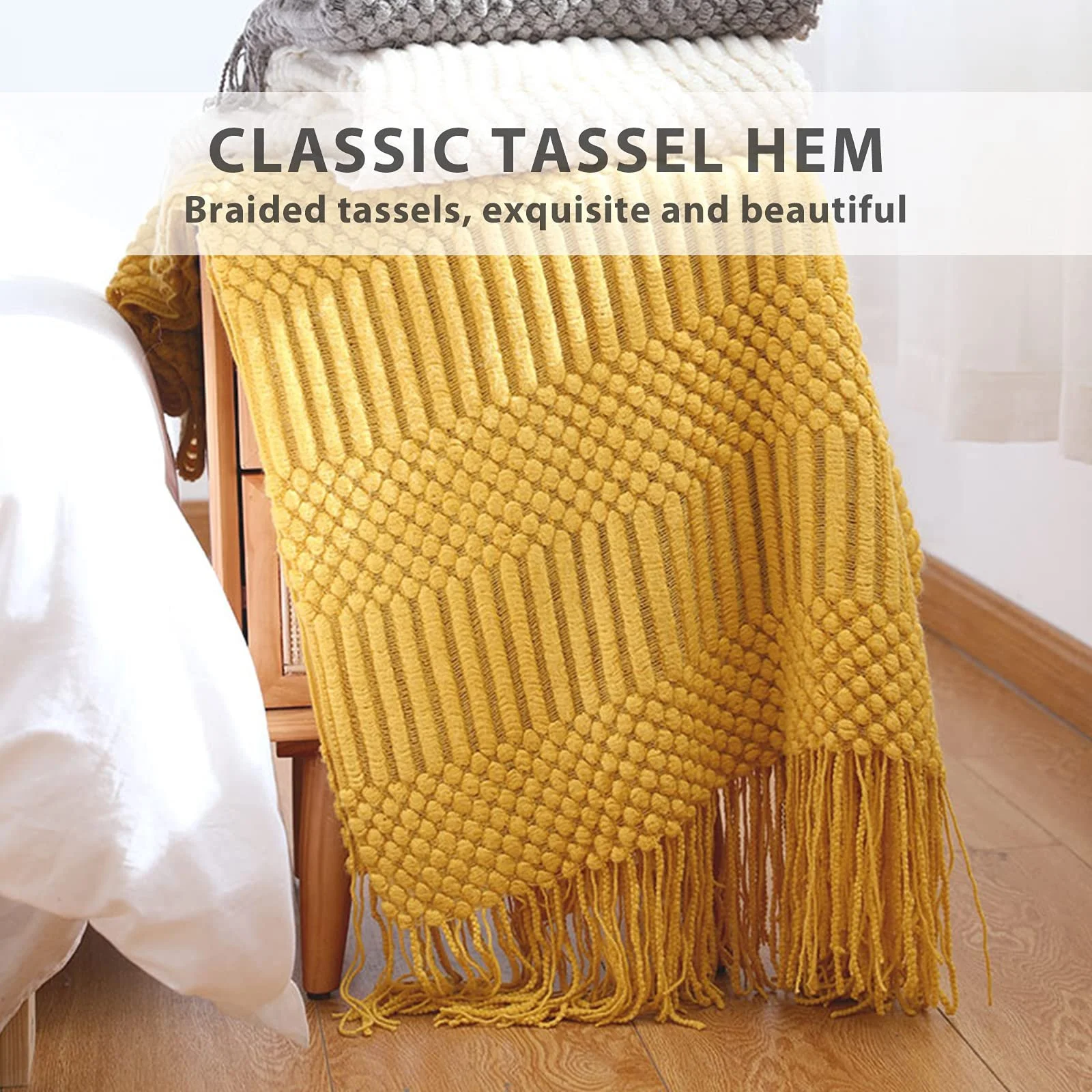 В'язаний Плед LumiSyne Однотонний Пухирчастий Візерунок, фото №4