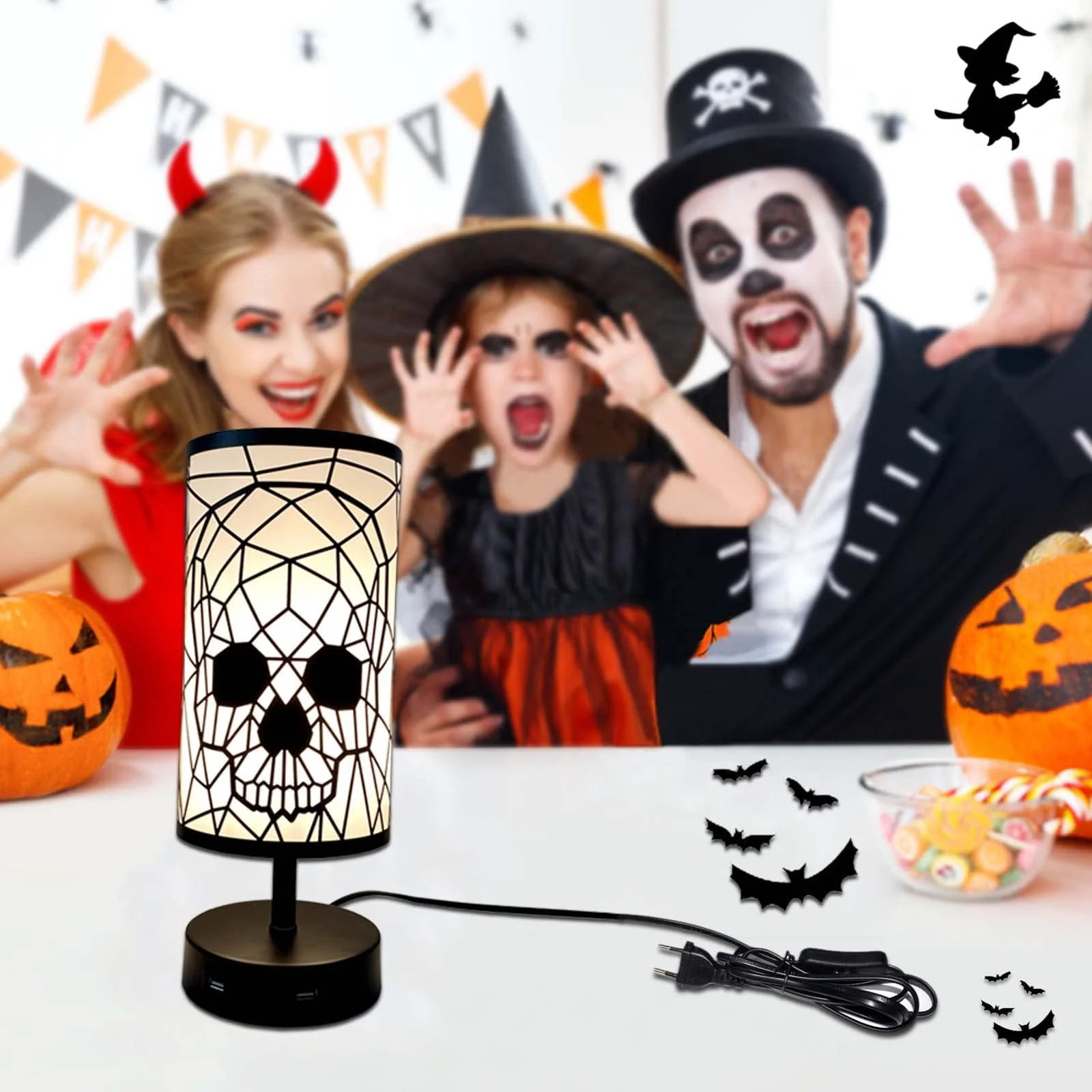 Настільна лампа Skull сенсорна з регулюванням яскравості, 2 порти USB, 3 рівні яскравості, ретро E27 метал, чорний, фото №6