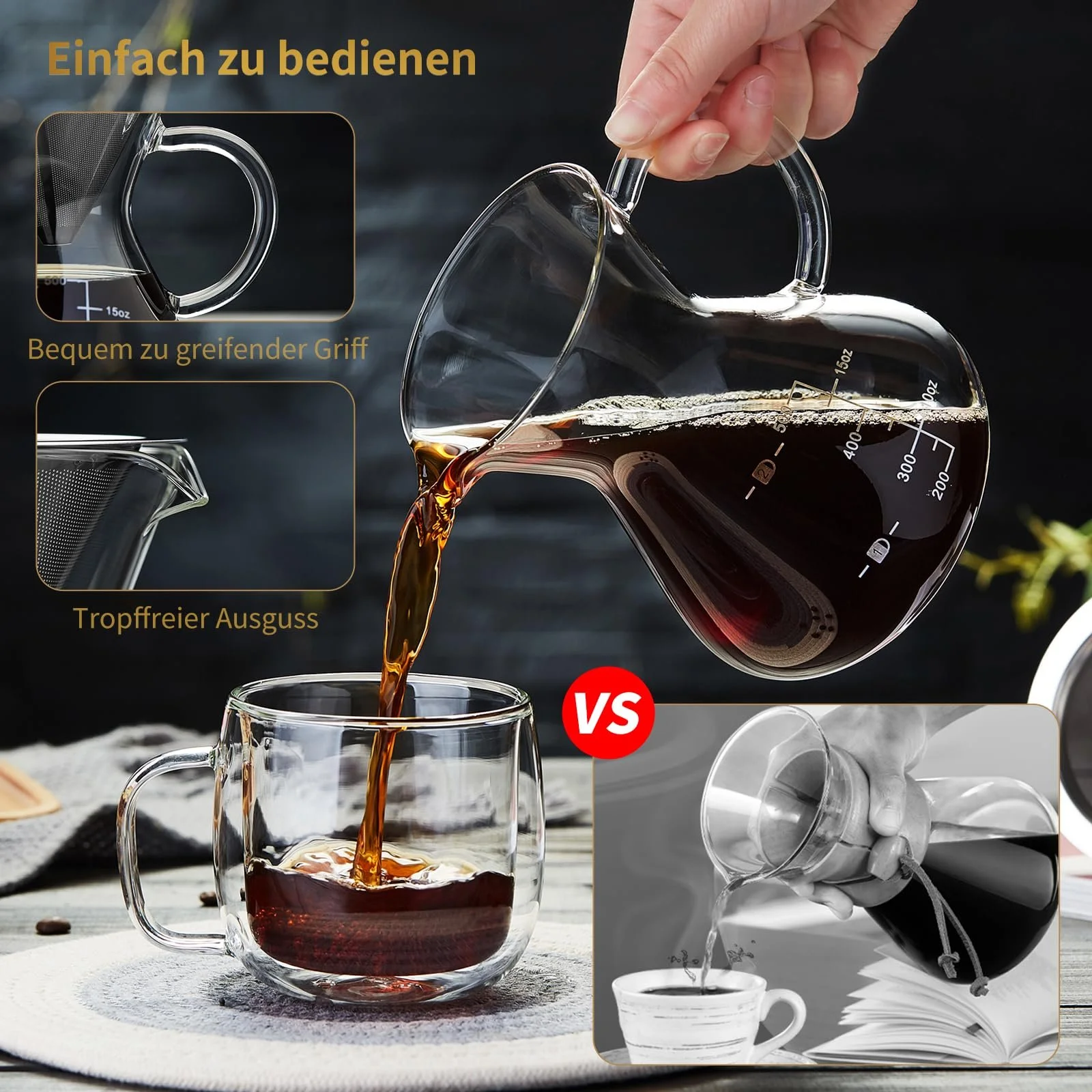 Кавник для приготування кави методом Pour Over Mesney 500 мл, скляний кавник з фільтром з нержавіючої сталі, фото №3