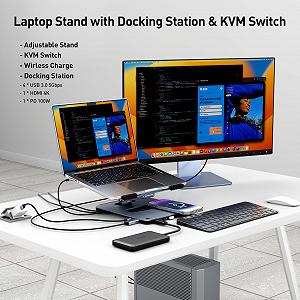 Подставка для ноутбука BENFEI Aluminium с док-станцией USB C 6-в-1, магнитной зарядкой Mag-Safe 15 Вт, магнитным переключателем USB 3.0 KVM, HDMI 4K при 60 Гц, 4 x USB 3.0, 100 Вт PD для MacBook Pro/Air, iPad Pro, XPS Thinkpad synthetic.ua - Фото 1