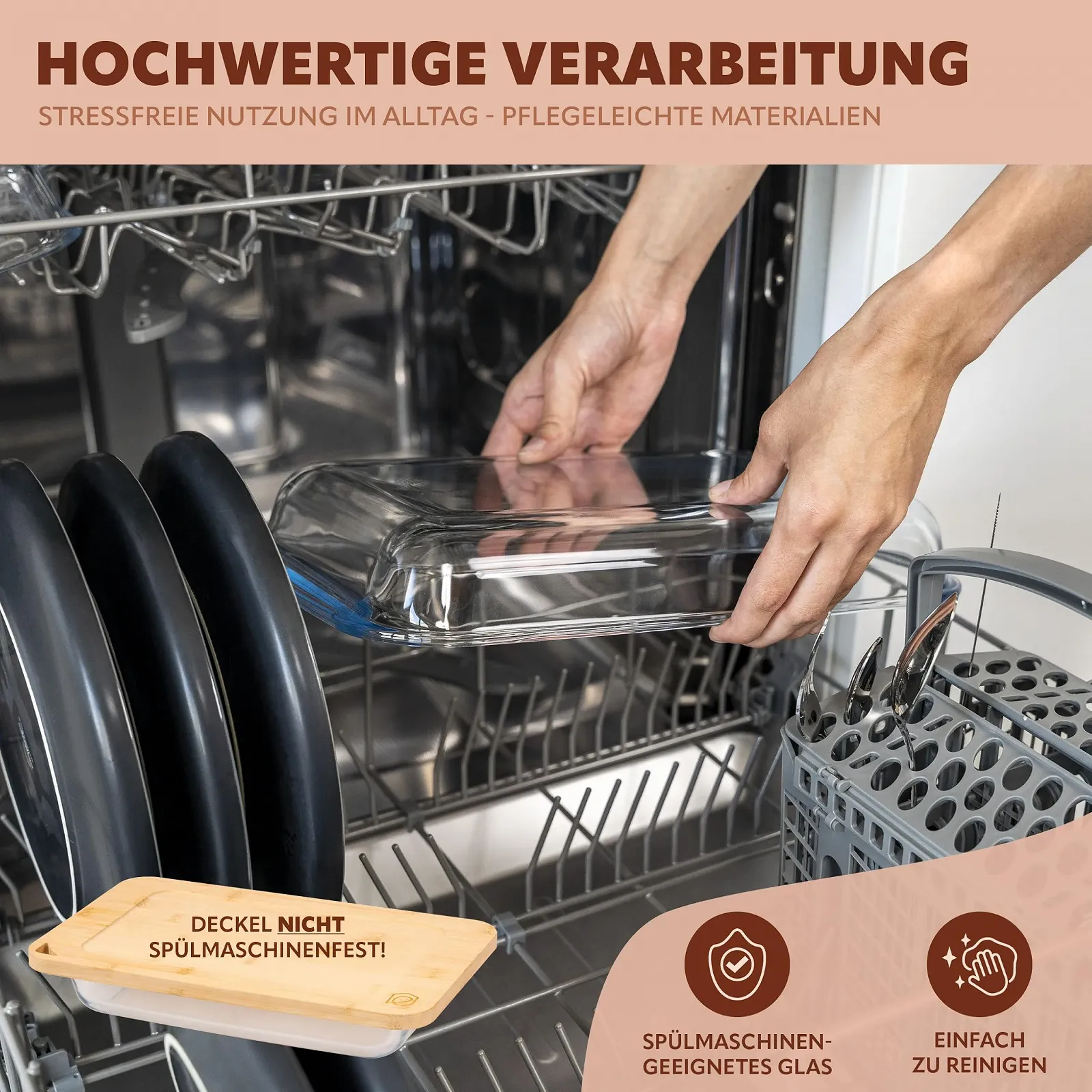 Форма для запекания eluno 2,2 л стеклянная с бамбуковой крышкой прямоугольная, фото №5