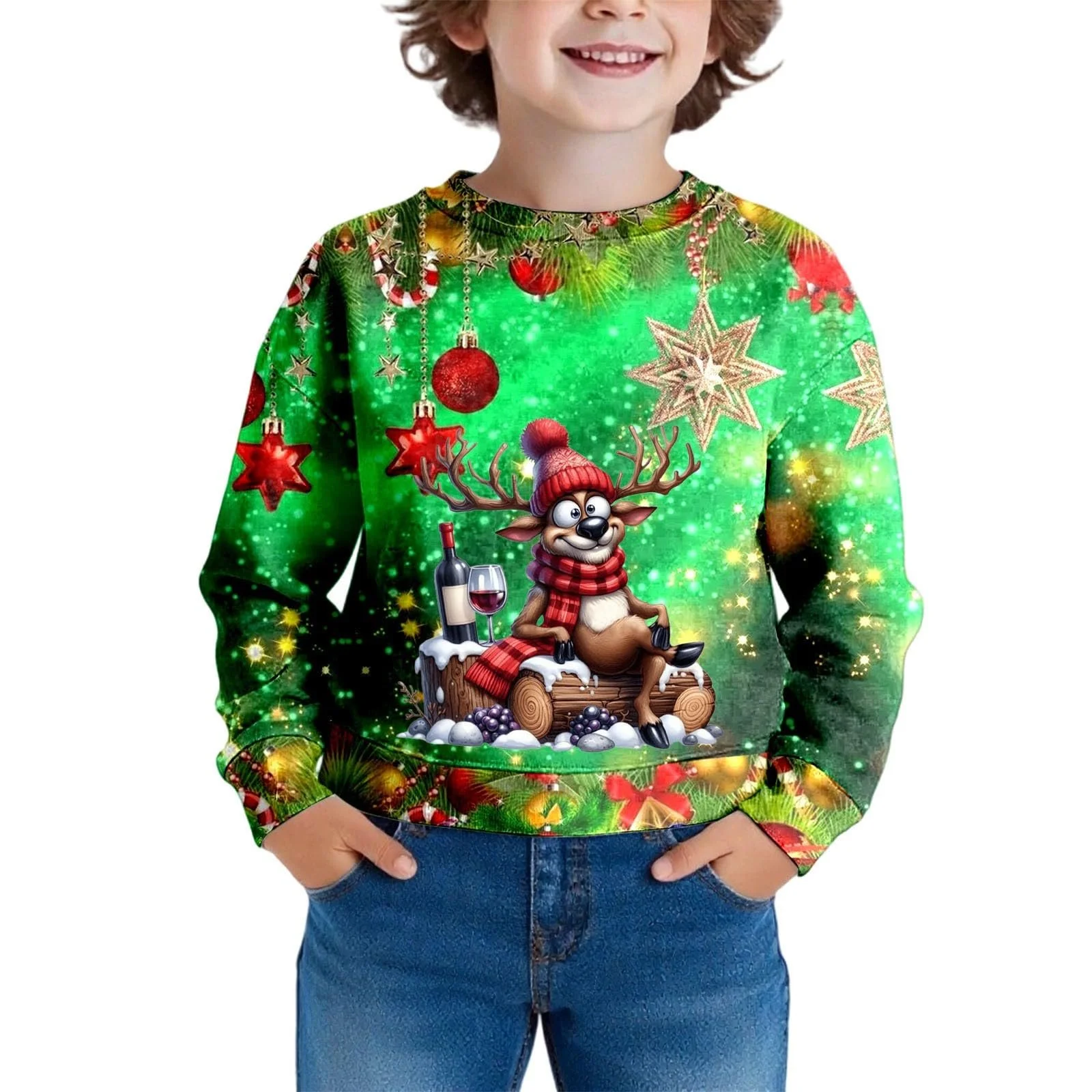 Рождественский свитер для детей мальчиков и девочек - Рождественский свитшот с динозавром, оленем и Сантой - Забавный праздничный свитер в подарок, фото №1 Рождественский свитер для детей мальчиков и девочек - Рождественский свитшот с динозавром, оленем и Сантой - Забавный праздничный свитер в подарок, фото №1
