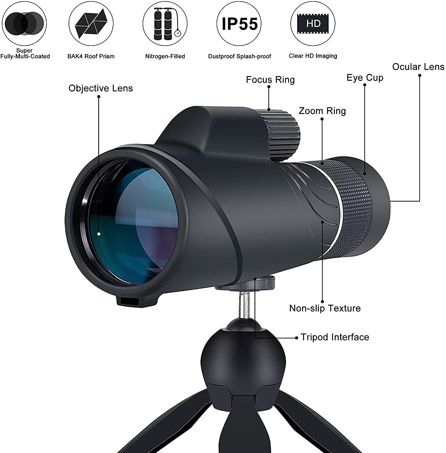 Монокуляр 20X50 Zoom Monocular Високопродуктивний Bak4 призма Водонепроникний з адаптером для смартфона та штативом, фото №7