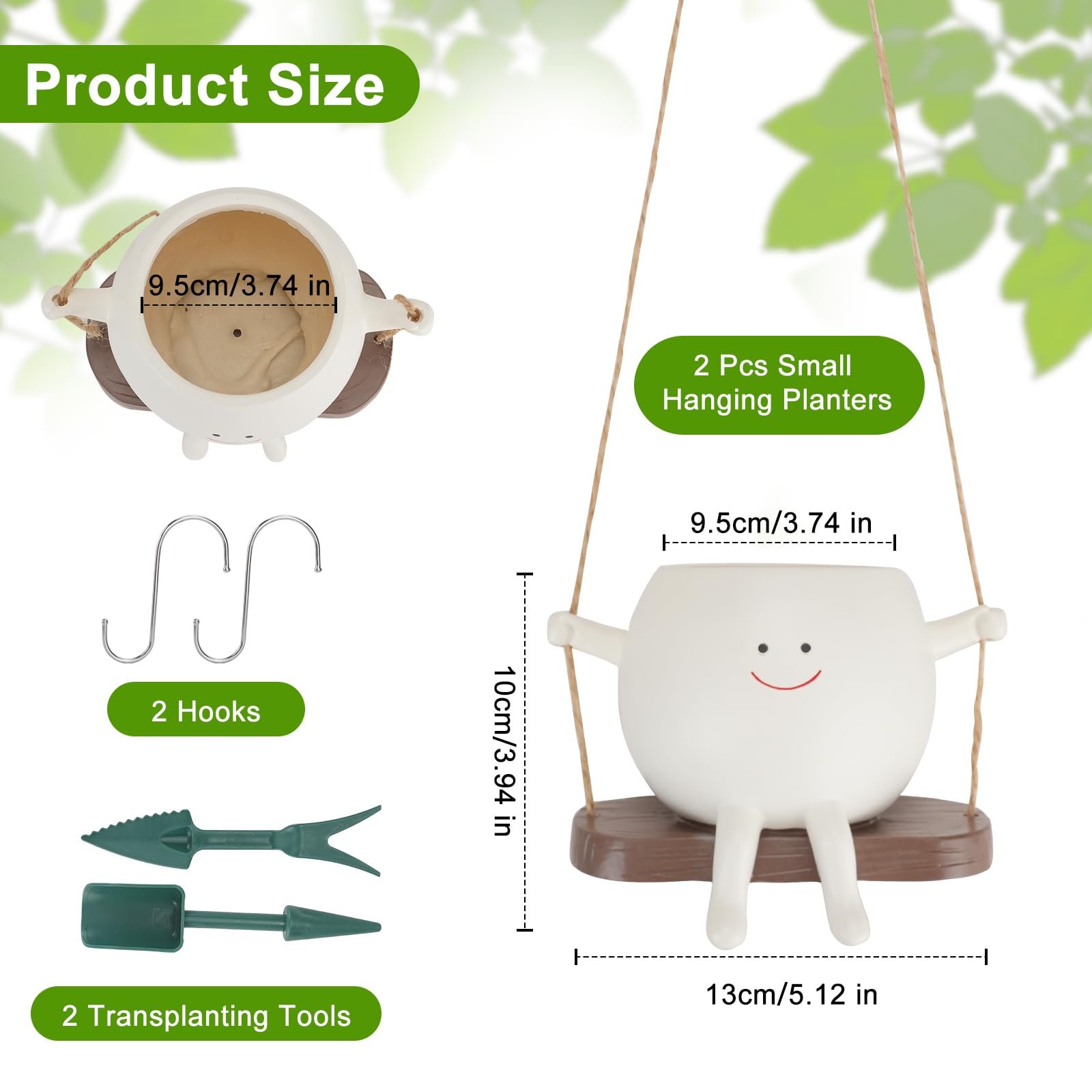 Підвісні кашпо WRENYZK Swing Face на гойдалці, набір 2 шт., з гачками та інструментами для пересадки, фото №2