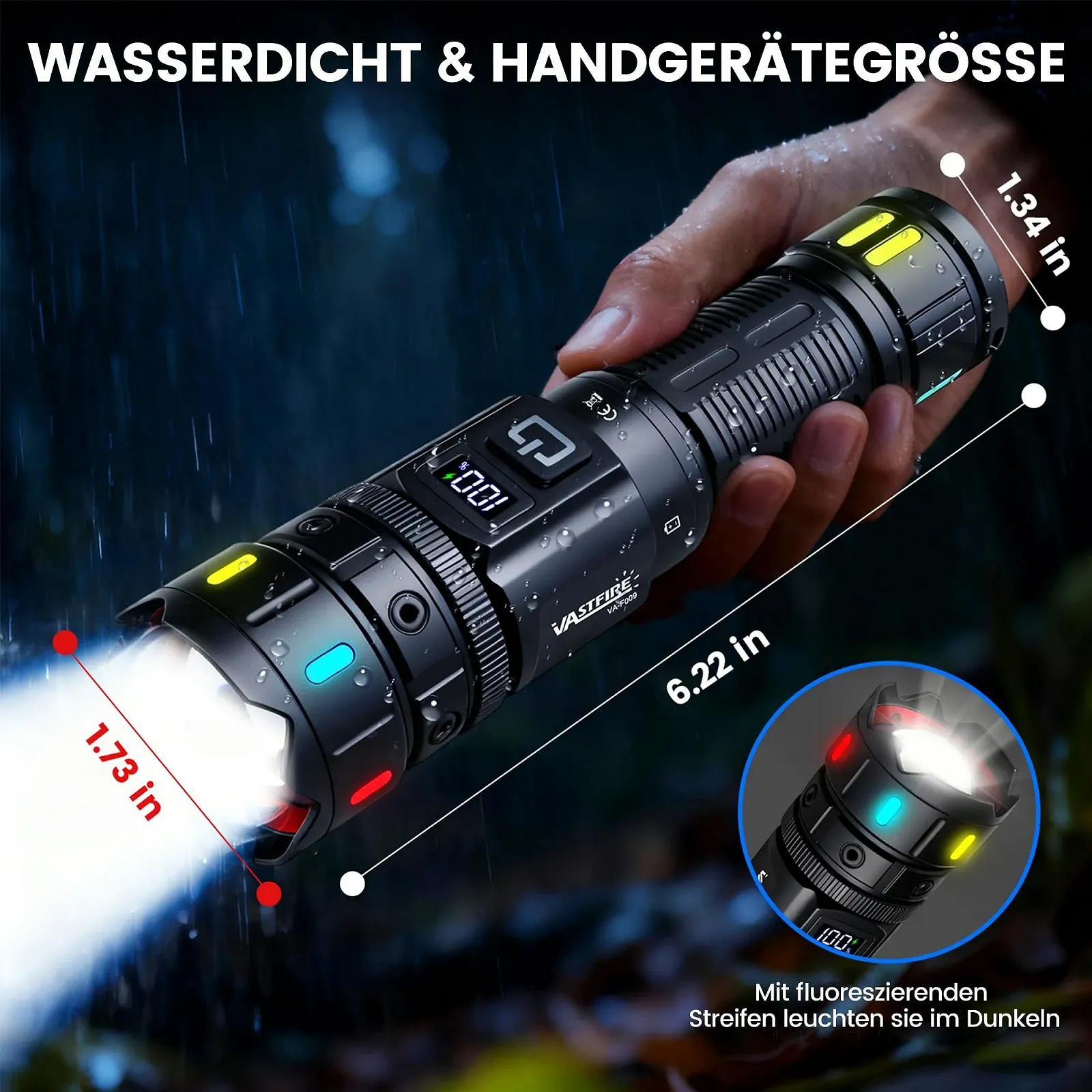 Ліхтар VASTFIRE LED Перезаряджуваний Надзвичайно Яскравий 500 000 Люмен, 30 Вт Тактичний з LCD Дисплеєм, IP67 Водонепроникний, з Магнітом для Кемпінгу, Надзвичайних Ситуацій, фото №7