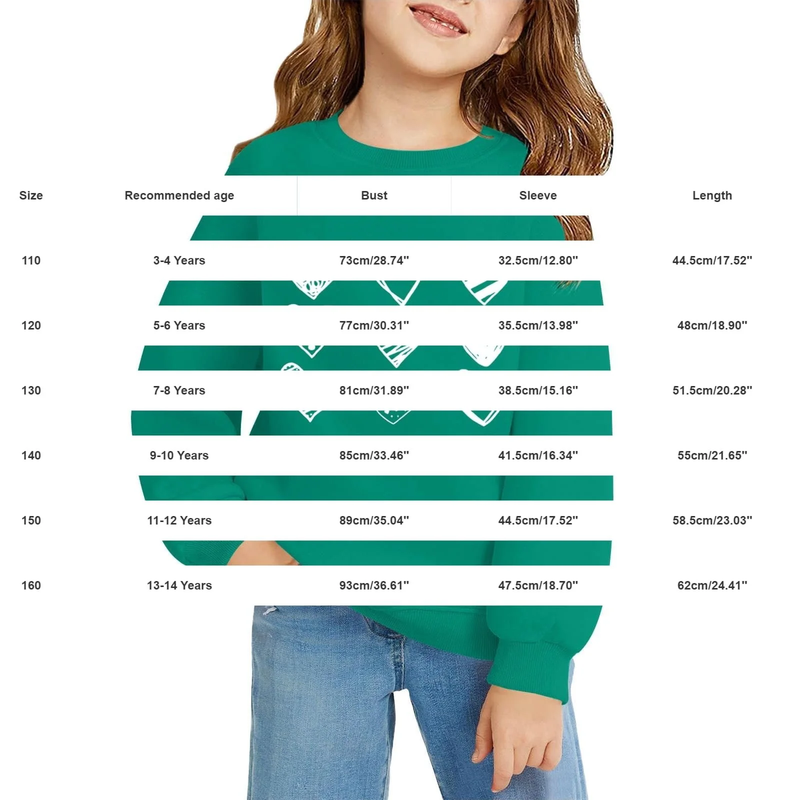 YHHRJAI Толстовка для девочек - Свитшот с круглым вырезом Oversized - Легкая спортивная детская футболка с длинными рукавами и принтом в виде сердец - Милые повседневные базовые топы с длинными рукавами, фото №4