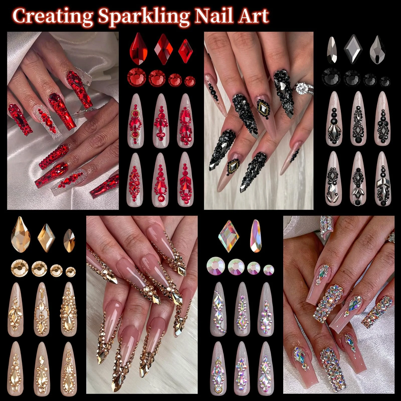 Стразы для ногтей EARLMONI, 6 коробок, для украшения ногтей, одежды, поделок, DIY (Черный), фото №7