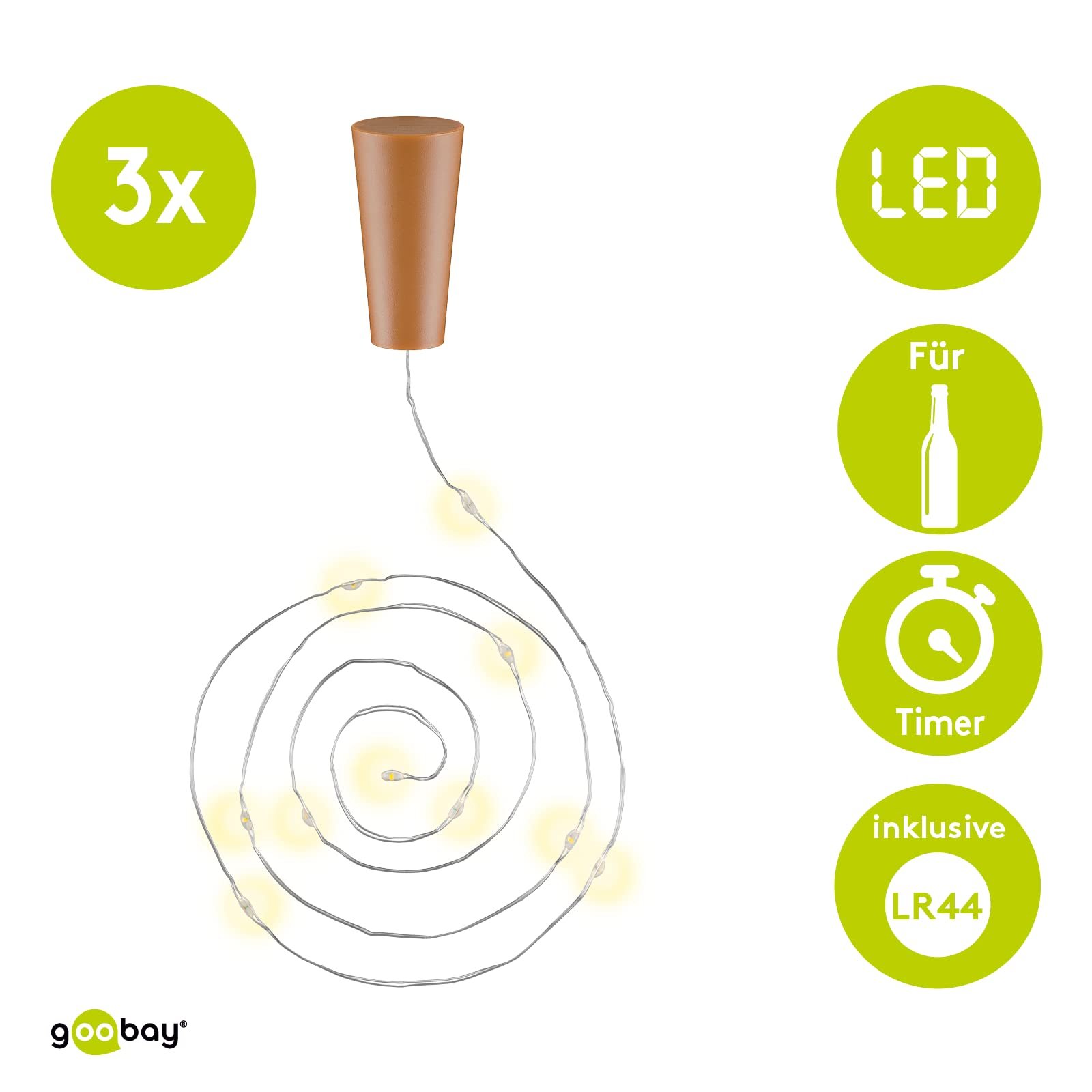 Гірлянда goobay для пляшок 3 x 10 LED, 1 м, прозора, безбарвна (3 батарейки LR44 в комплекті), фото №2