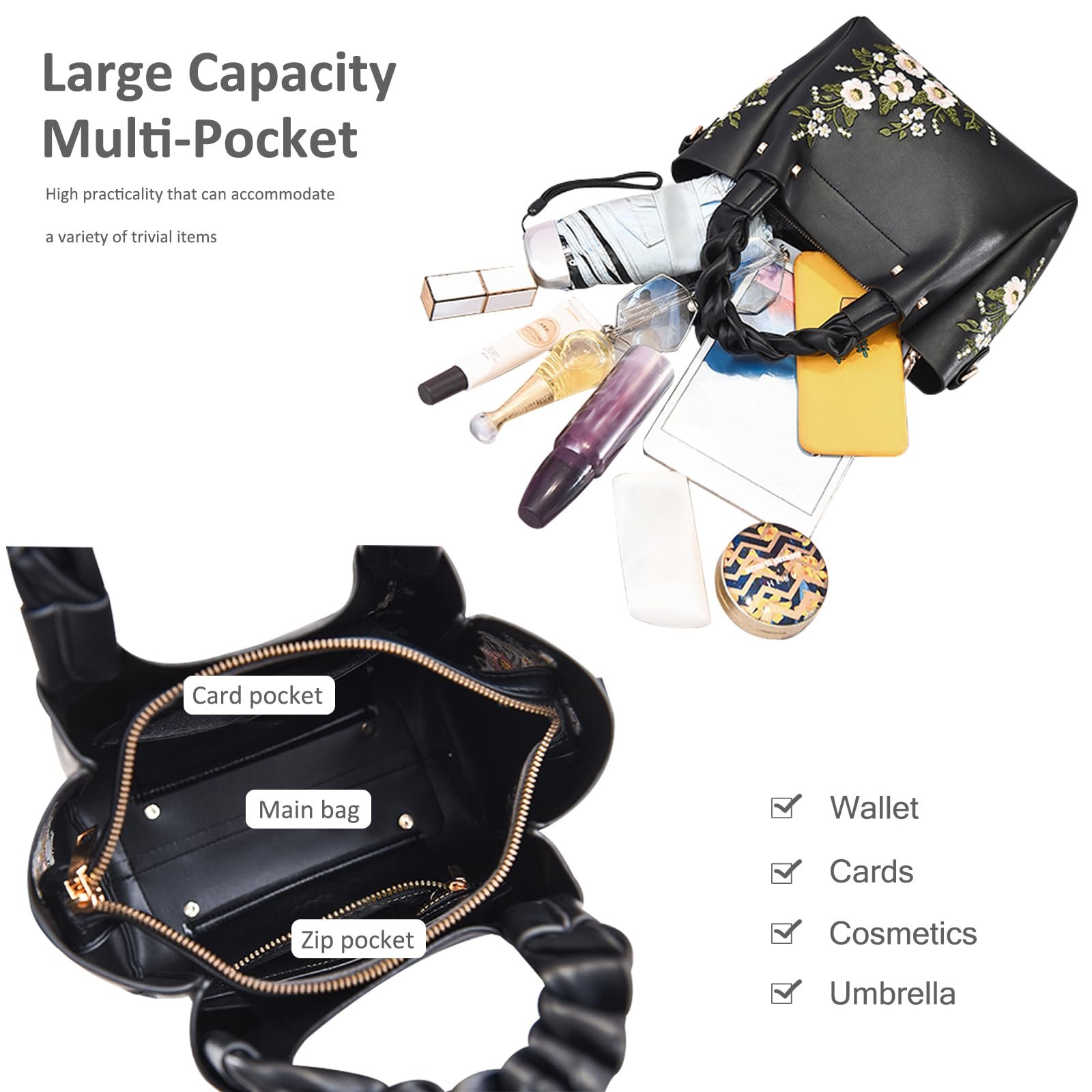 Елегантна Сумка NICOLE & DORIS Жіноча Сумка-шоппер зі штучної шкіри, Жіноча Сумка через плече з вишивкою для роботи, навчання та шопінгу, фото №4