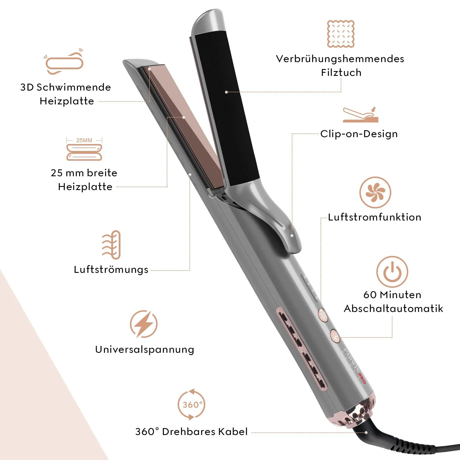 Стайлер 2 в 1 PARWIN PRO BEAUTY для выпрямления и завивки с 40 отверстиями для воздуха и термостойким фетром, фото №7 Стайлер 2 в 1 PARWIN PRO BEAUTY для выпрямления и завивки с 40 отверстиями для воздуха и термостойким фетром, фото №7