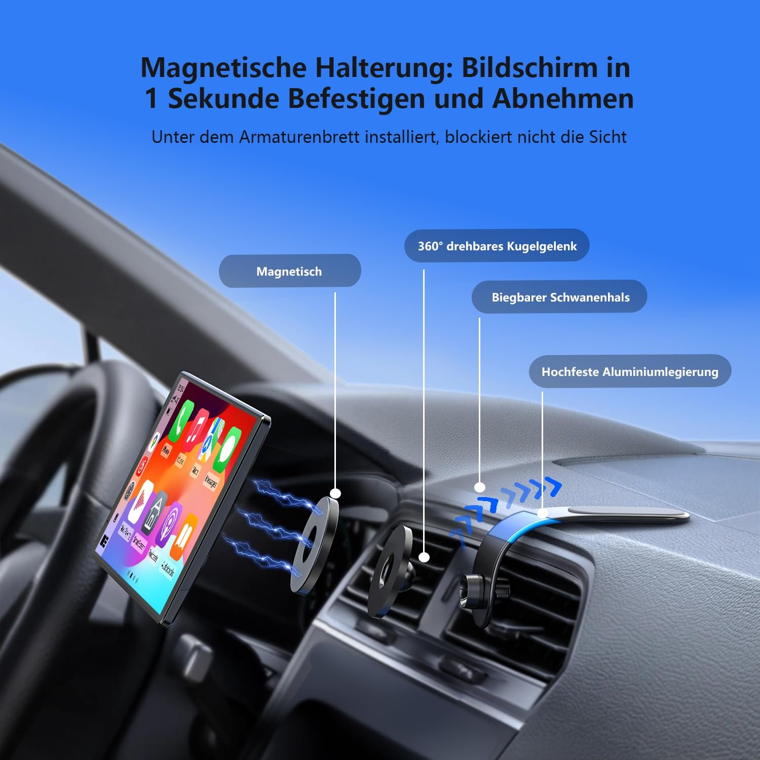 Дисплей Krunia Portable Carplay 8 дюймов, 1440 x 900 HD, магнитный держатель, обновления OTA, камера заднего вида, Bluetooth, голосовое управление, GPS-навигация, фото №3