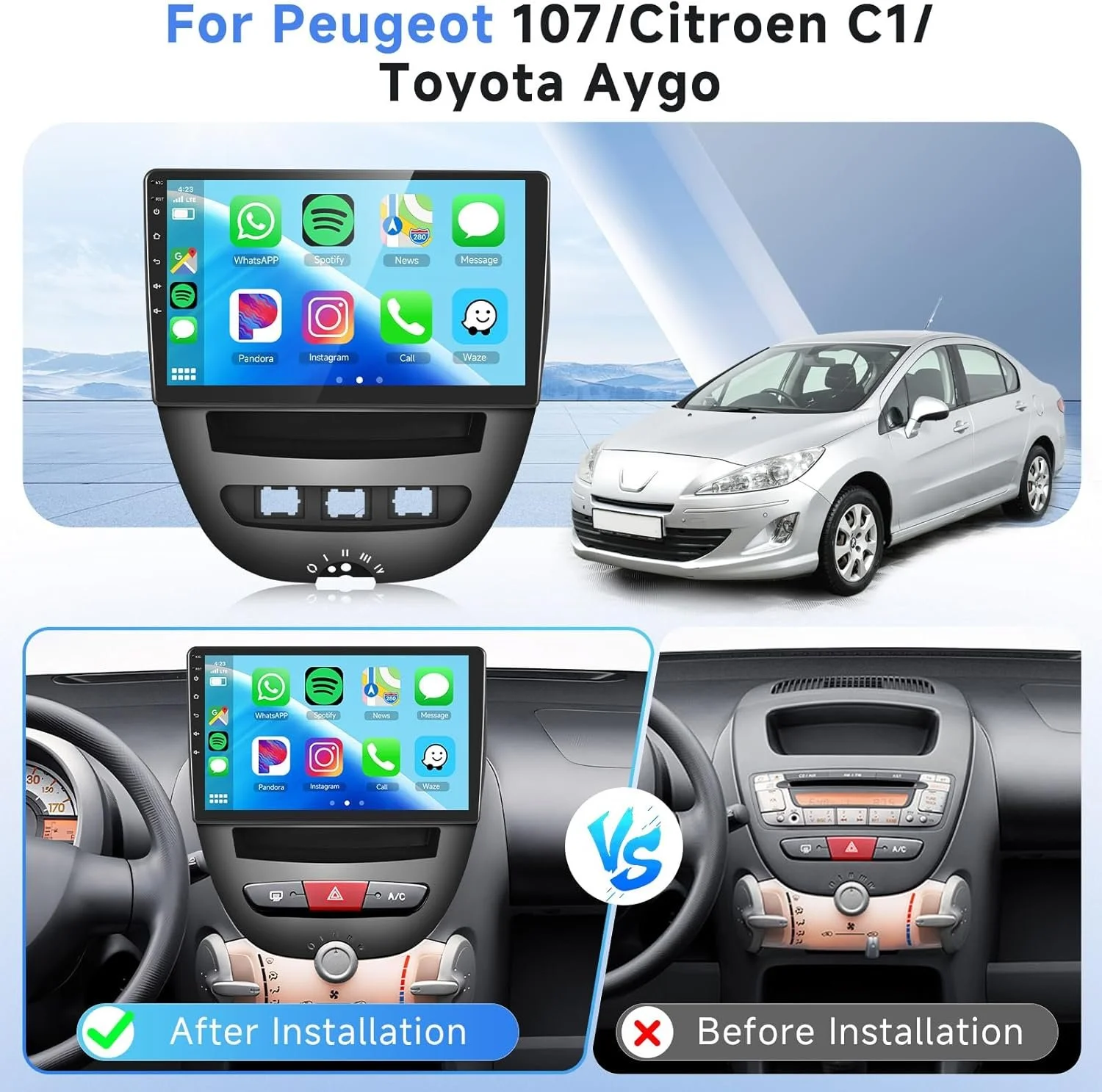 Штатная автомагнитола PODOFO для Citroen C1 Toyota Aygo Peugeot 107 / 10.1" / Сенсорная / 2/64Гб / Android 13 / Apple CarPlay / Android Auto / Bluetooth / WI-FI / GPS / USB, фото №2