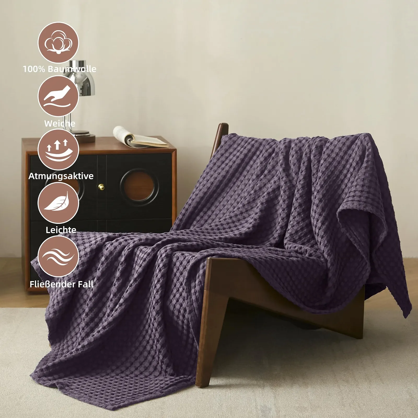 Покривало CHUFFED 100% Бавовна 150 x 200 см Вафельна Піке М'яка Дихаюча Легка Фіолетовий Виноград, фото №2