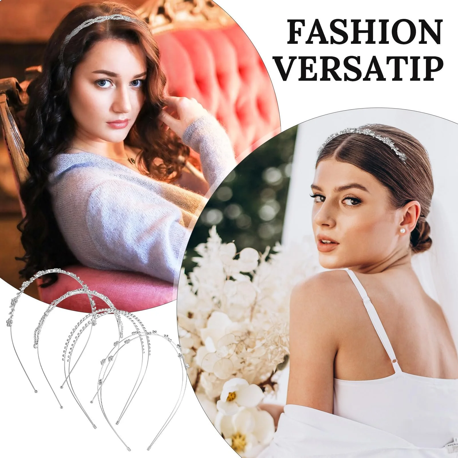 Набір обручів для волосся зі стразами сріблястого кольору (4 шт.), фото №5