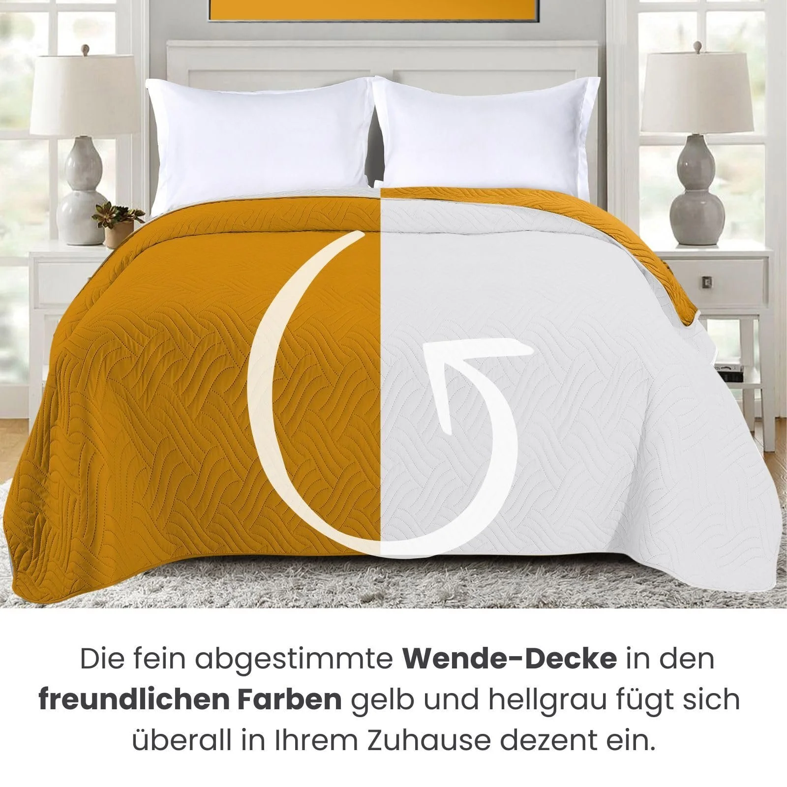 Покривало Wometo 170 x 210 см Мікрофібра Жовтий Світло-сірий стьобаний двосторонній, фото №5