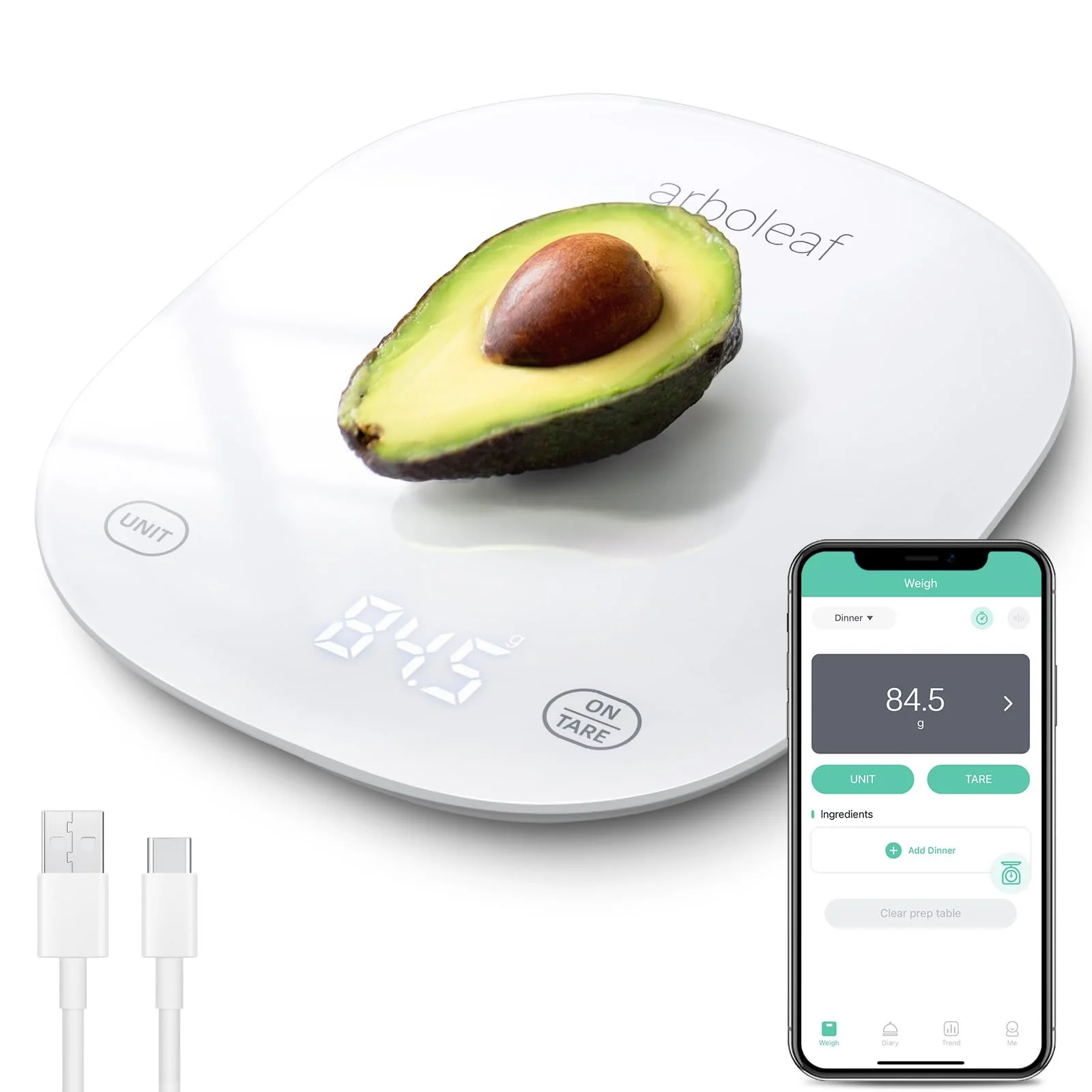 Цифрові кухонні ваги arboleaf Bluetooth App 10кг/0.5г USB Загартоване скло White, фото №1 Цифрові кухонні ваги arboleaf Bluetooth App 10кг/0.5г USB Загартоване скло White, фото №1