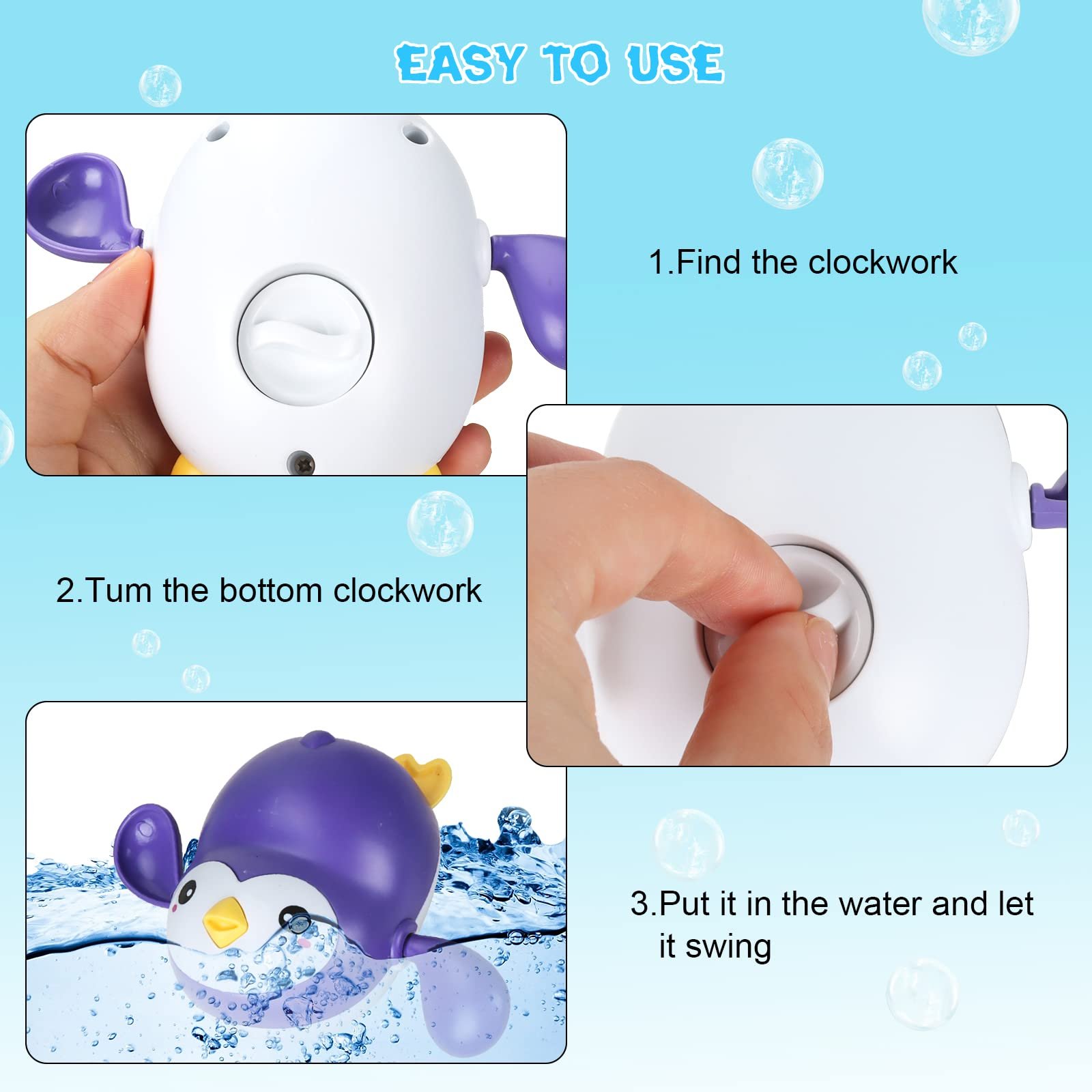 Набір іграшок для ванни, заводний механізм, Качка, Черепаха, Краб, Пінгвін, для дітей від 1 до 4 років, фото №4