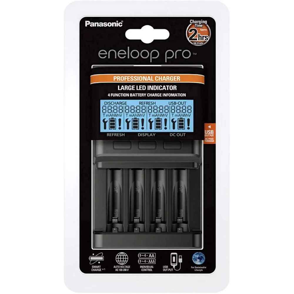 Зарядний пристрій Panasonic eneloop Pro, швидкий, інтелектуальний, с LCD дисплеєм, для 1-4 Ni-MH акумуляторів AA / AAA, з режимом відновлення, 52100, чорний, фото №4
