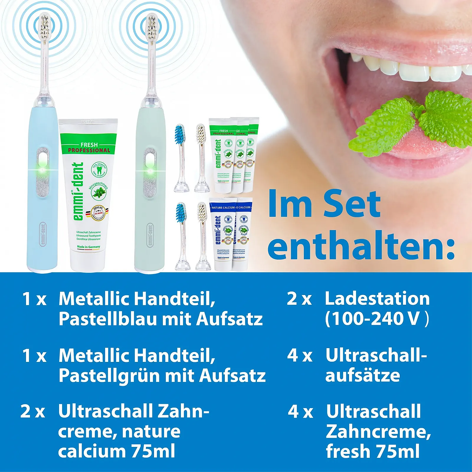 Электрическая ультразвуковая зубная щетка emmi-dent Metallic Family Set 96 млн вибраций Пастельно-голубой и пастельно-зеленый, фото №6