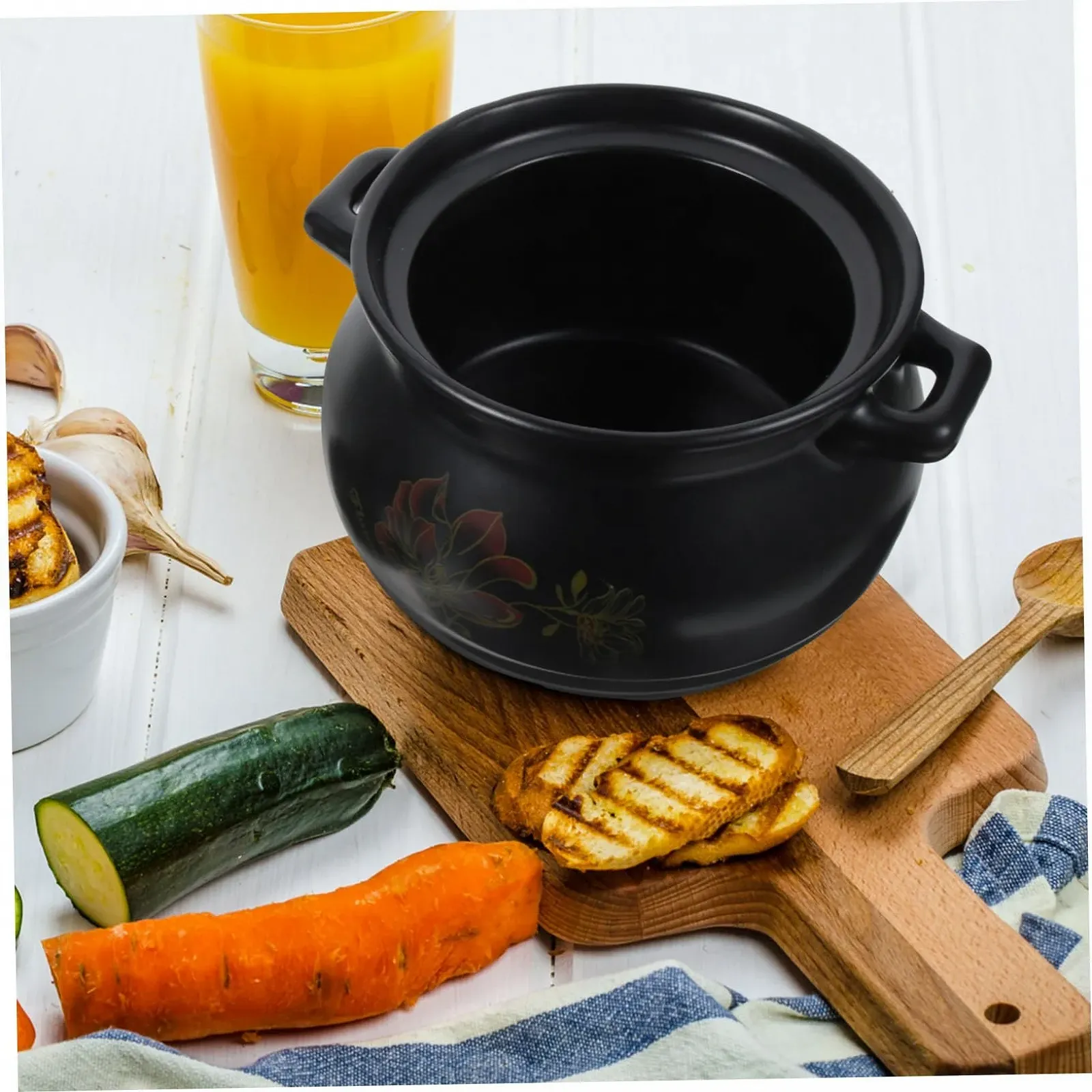 Кастрюля для тушения керамическая с цветочным узором Черная, фото №6