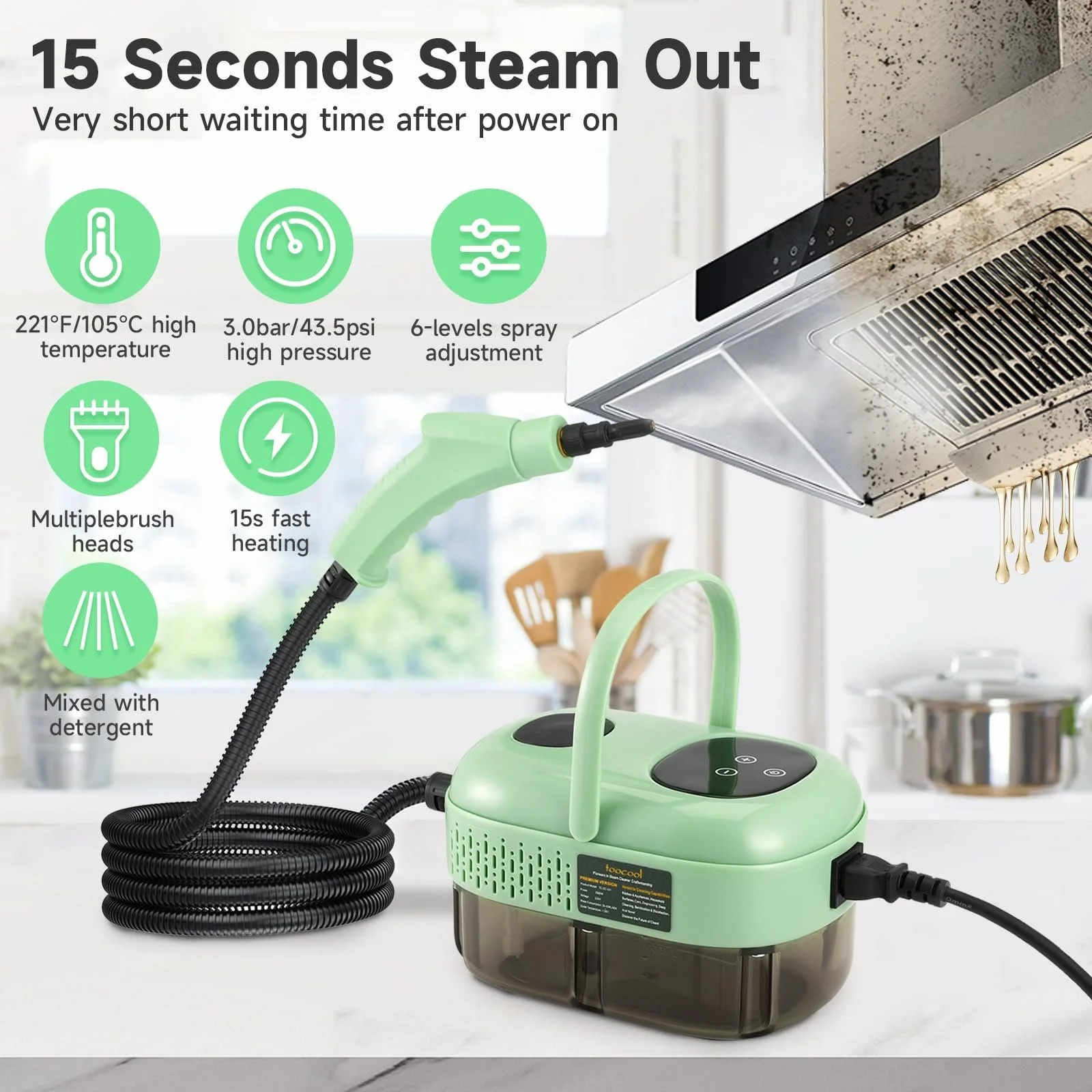 Пароочисник портативний 2500 Вт 1100 мл з 3 насадками-щітками Зелений, фото №2