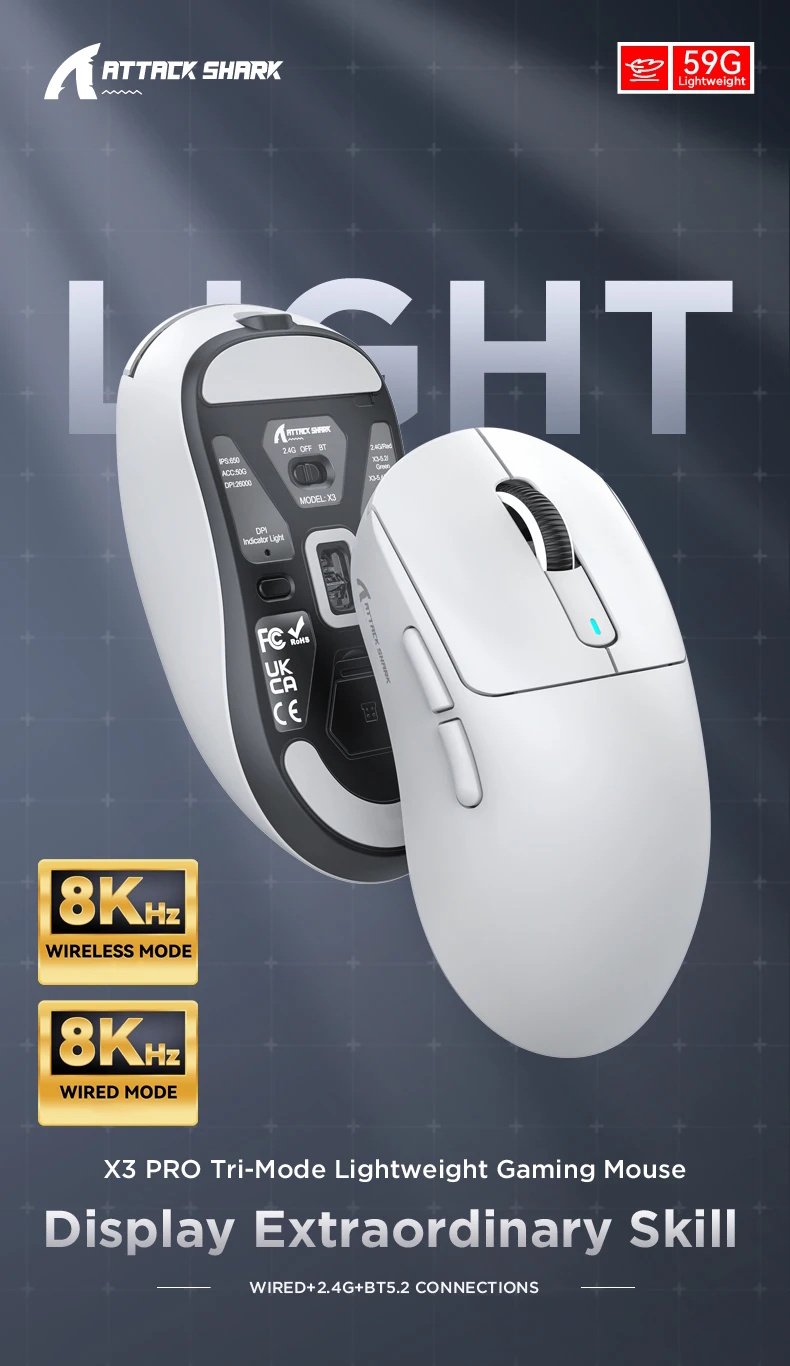 Миша Attack Shark X3 Pro PAW3395 Pixart Omron 8000Hz BT5.2 White, фото №5