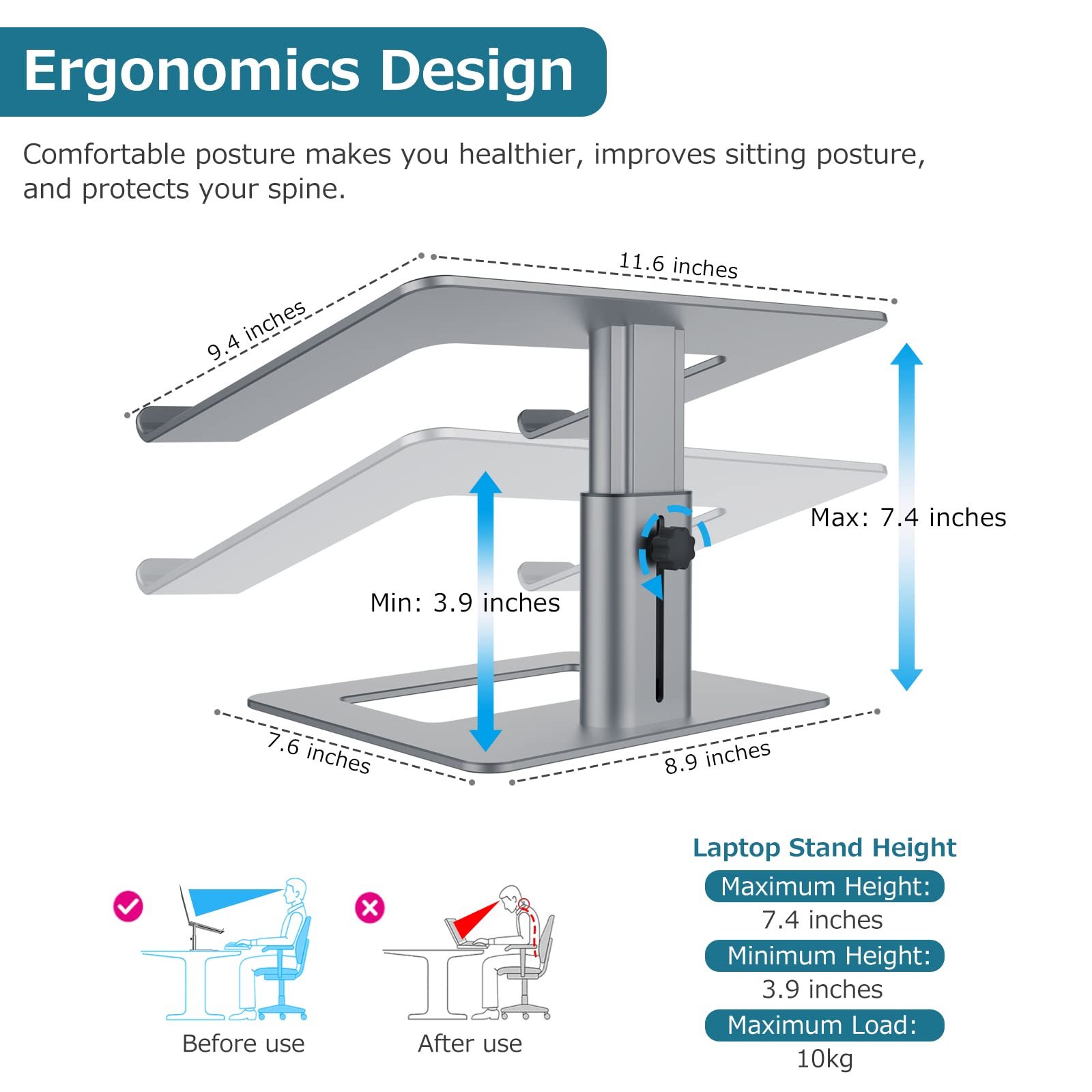 Подставка для ноутбука GOKEDA, эргономичная регулируемая подставка для компьютера, держатель высоты из алюминиевого сплава, совместима с MacBook Air Pro, Dell, HP, Lenovo Samsung (большинство ноутбуков 11-17 дюймов), фото №2 Подставка для ноутбука GOKEDA, эргономичная регулируемая подставка для компьютера, держатель высоты из алюминиевого сплава, совместима с MacBook Air Pro, Dell, HP, Lenovo Samsung (большинство ноутбуков 11-17 дюймов), фото №2