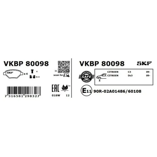 Комплект тормозных колодок, дисковый тормоз SKF VKBP 80098 для CITROËN OPEL PEUGEOT VAUXHALL, фото №2