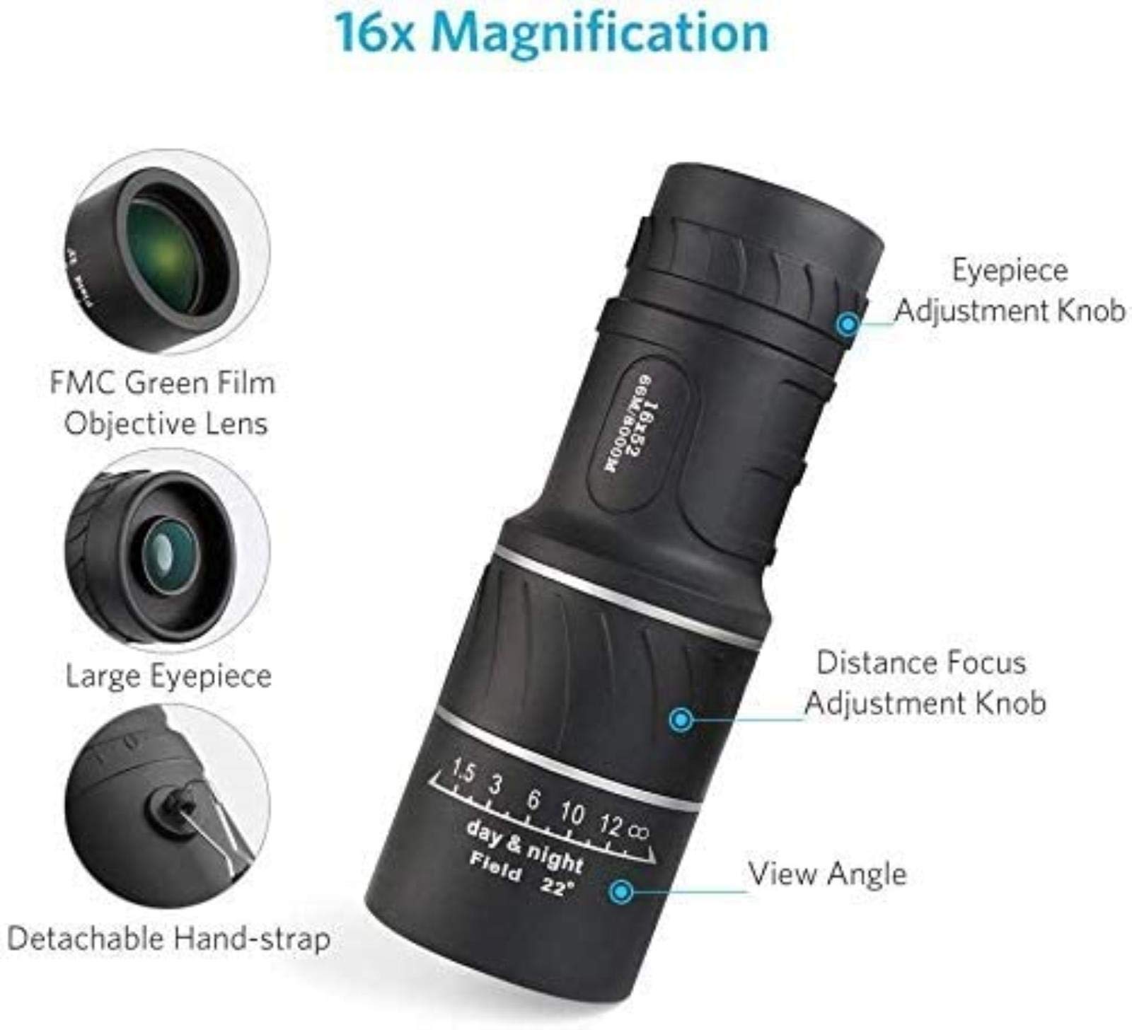 Монокуляр WANWEN Telescopic 16x52 HD для спостереження за птахами, кемпінгу, подорожей, фото №4