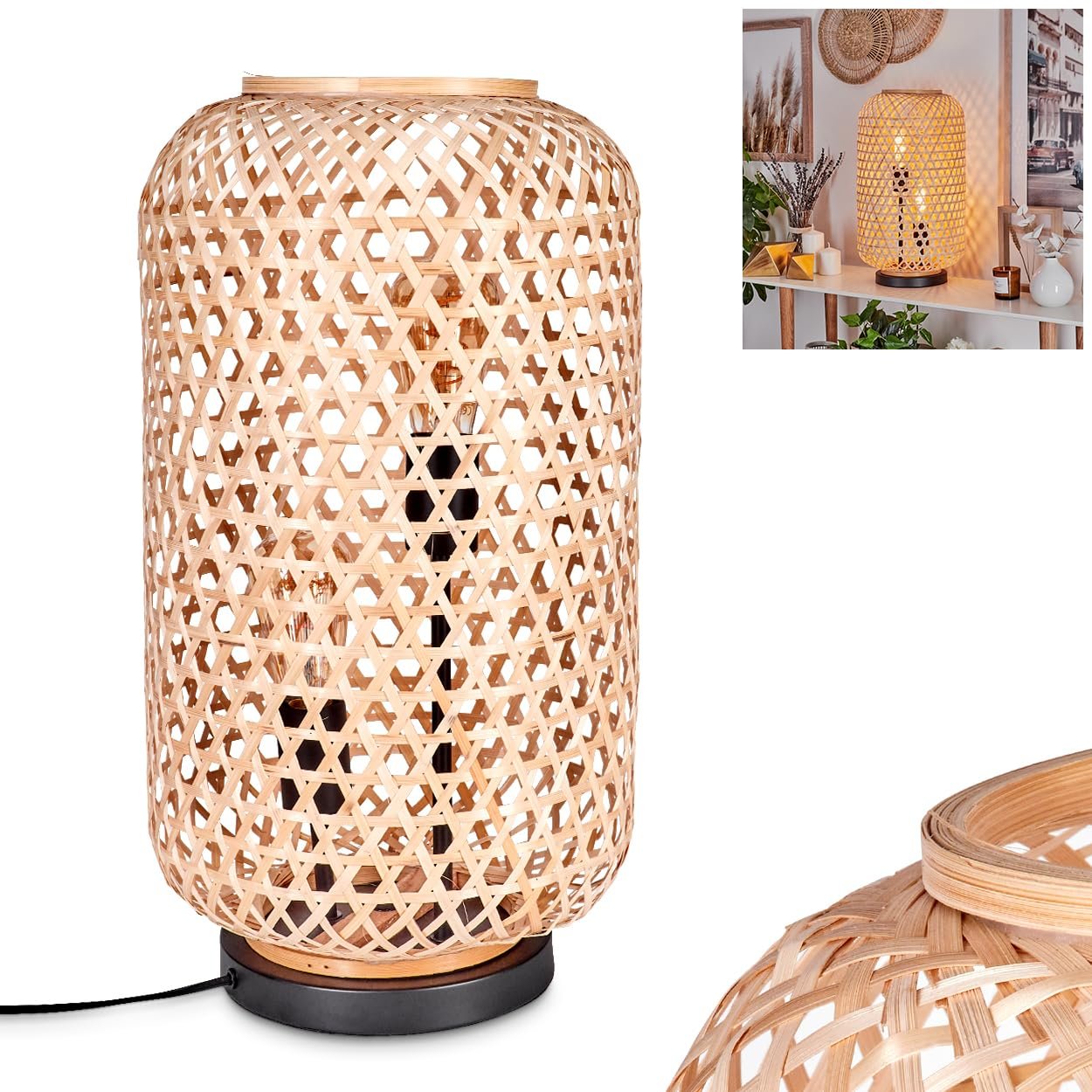 Настільна лампа Bauro Modern Boho Метал/Бамбук 2 x E27 Чорний/Натуральний, фото №1