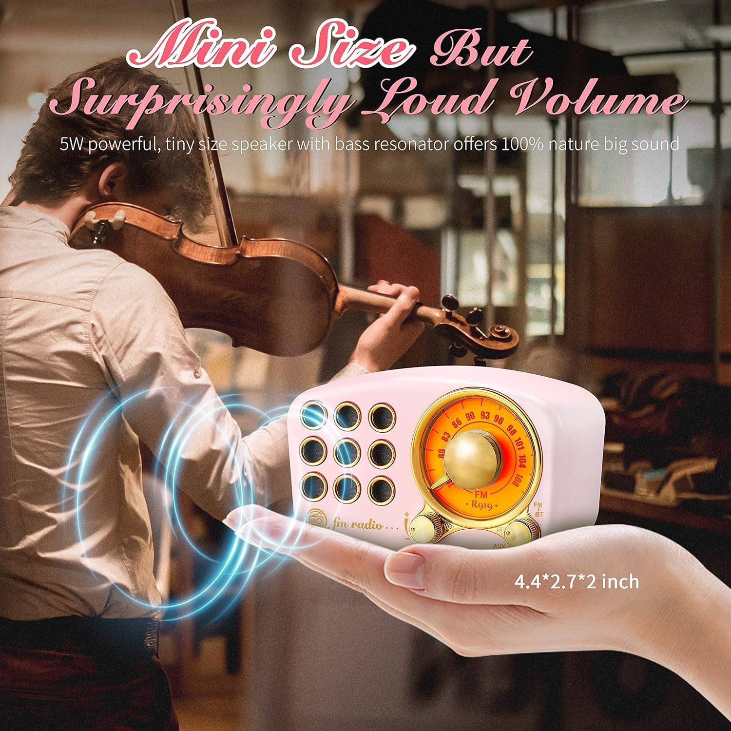 Портативна колонка Радіо Retro Bluetooth Greadio FM Слот TF і MP3-плеєр Рожевий, фото №2
