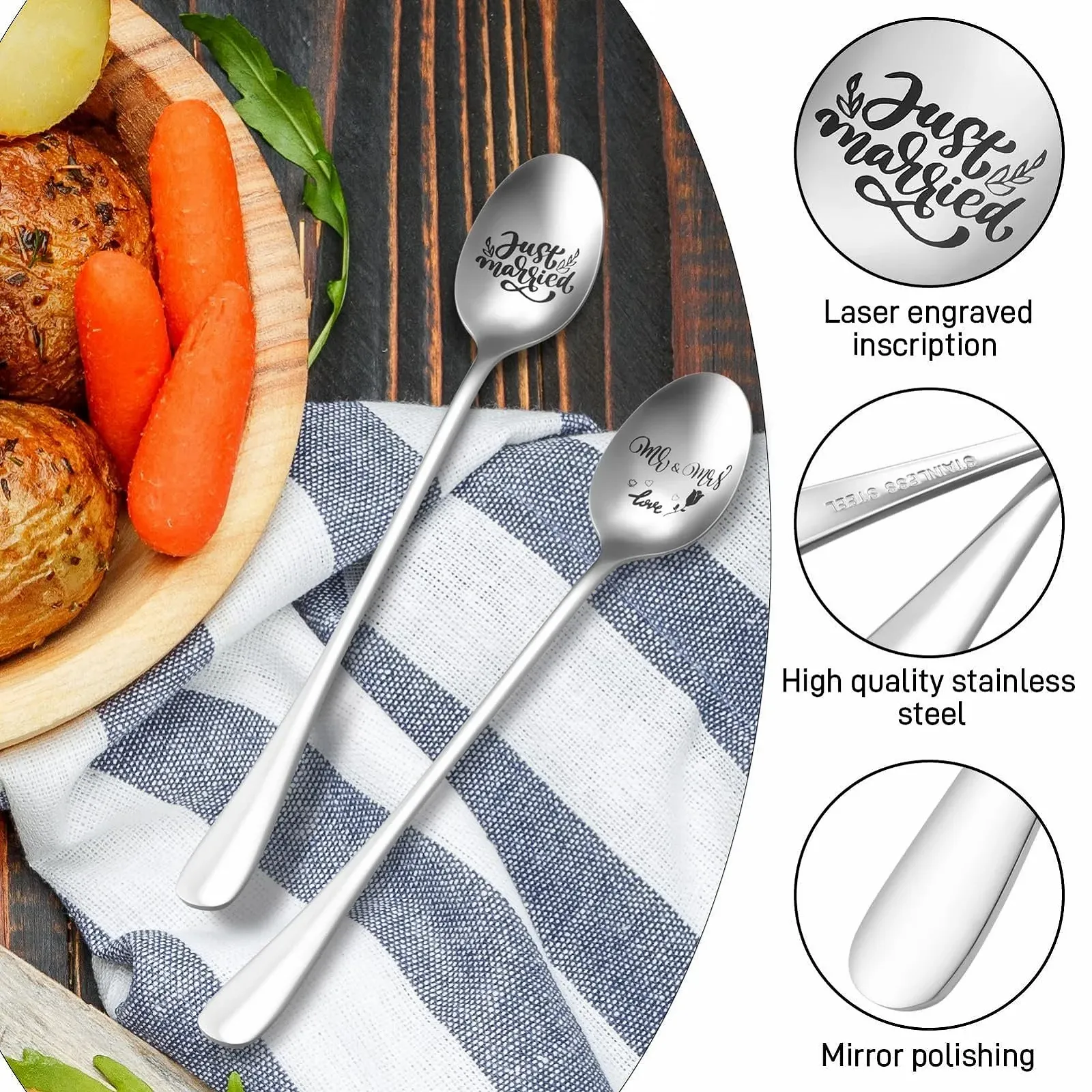 Кавова ложка з гравіюванням Mr & Mrs and Just Married, 4 шт., нержавіюча сталь, фото №4
