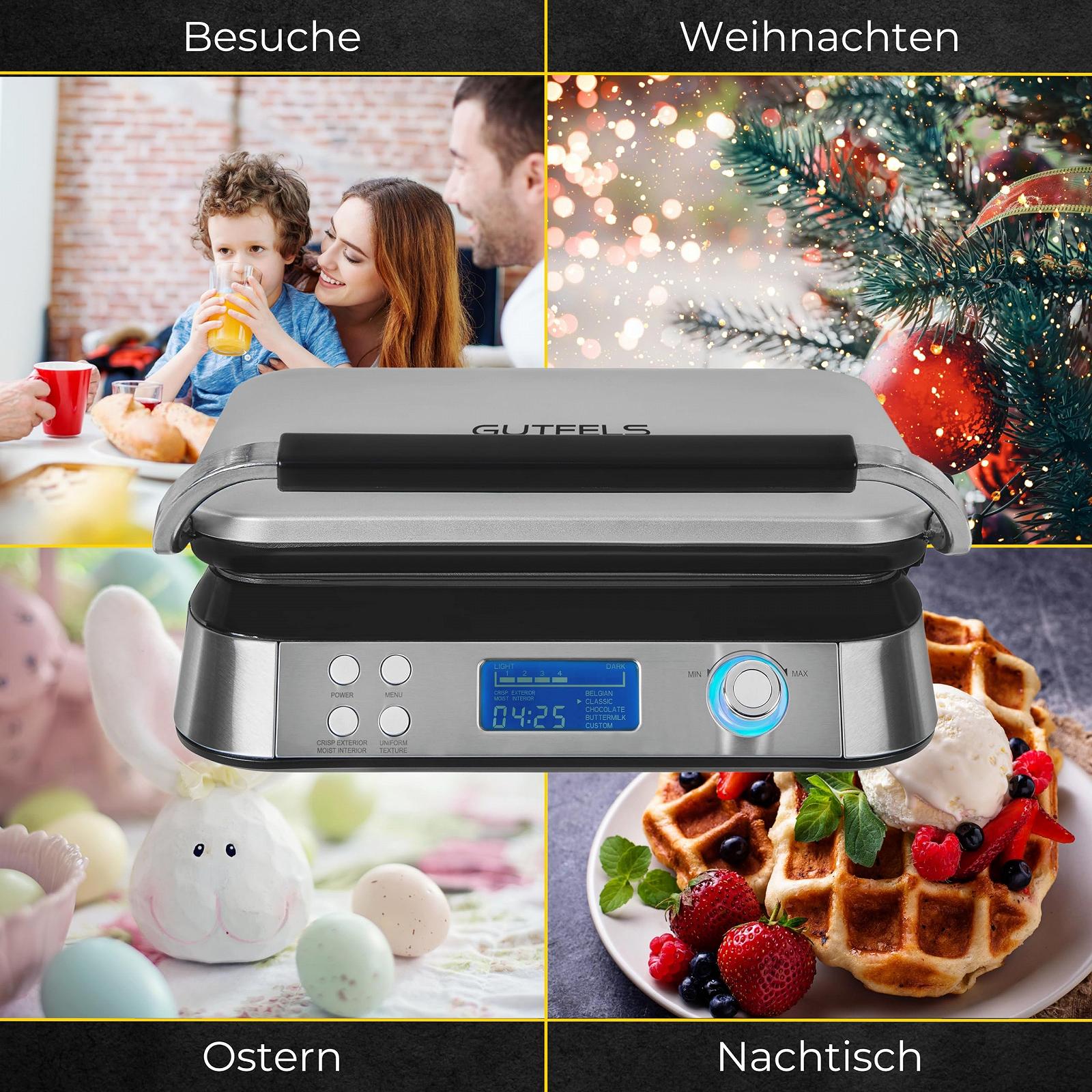 Вафельница GUTFELS Waffle 5010, антипригарное покрытие, 1600 Вт, таймер, дисплей, защита от перелива, 5 программ, нескользящие ножки, намотка кабеля, защита от перегрева, черно-inox, фото №8
