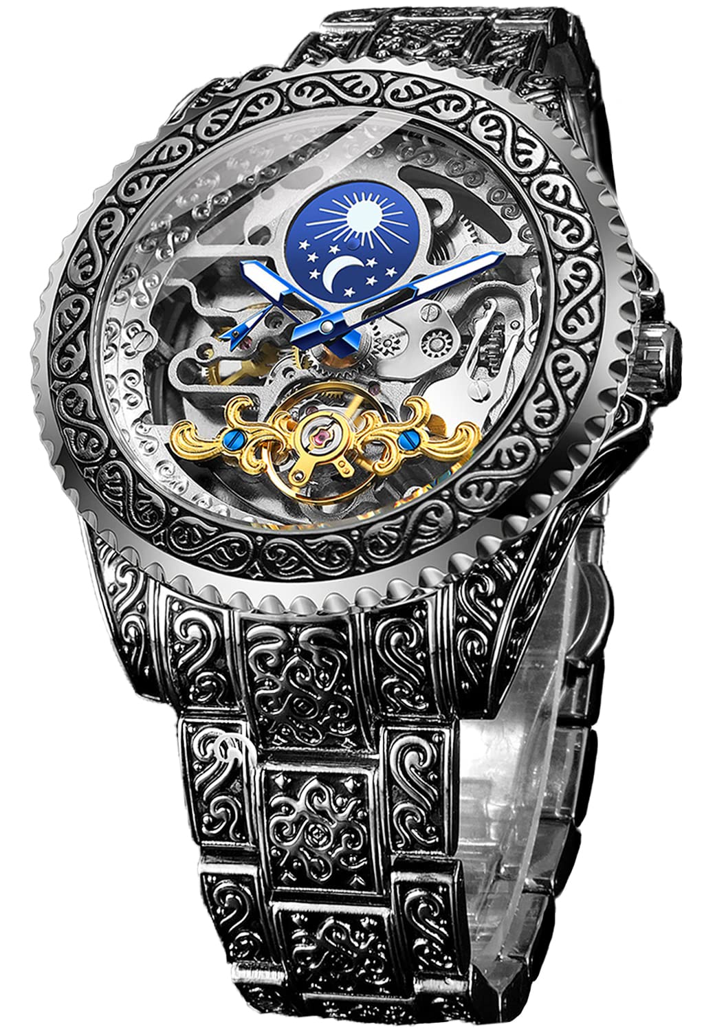 Часы FORSINING Retro Мужские Carved Self Winding Mechanical Tattoo Tourbillon Moon Phase Independent Second Skeleton Automatic Большой Циферблат Серебряный, серебряный, Браслет, фото №1